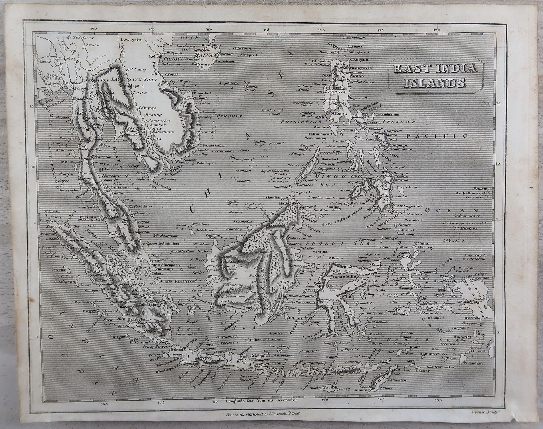 Grande carte de l'Asie du Sud-Est

Gravure sur cuivre

Dessiné et gravé par Thomas Clerk, Édimbourg.

Publié par Mackenzie et Dent, 1817

Non encadré.