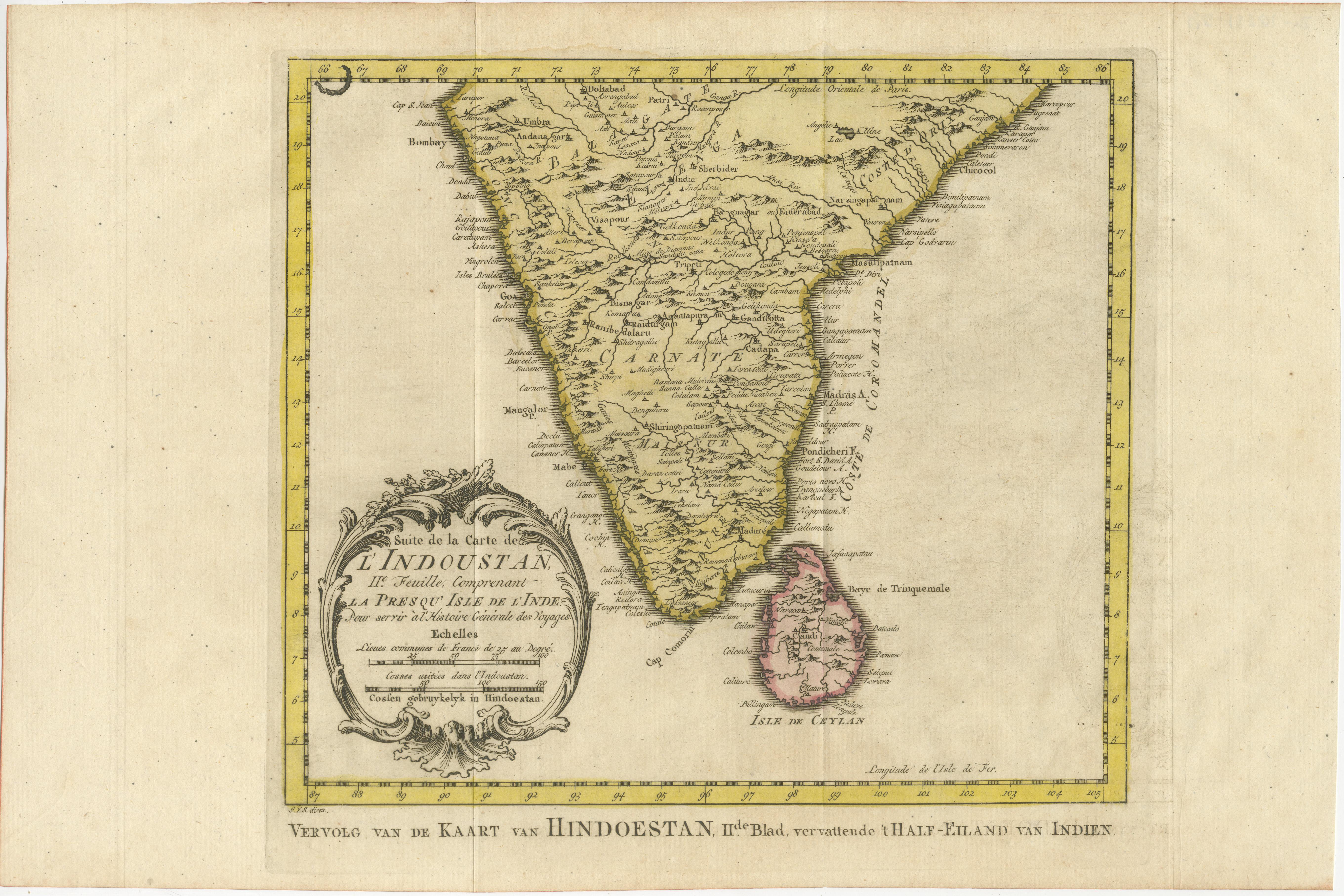 Antique map titled 'Suite de la Carte de l'Indoustan (..) - Vervolg van de Kaart van Hindoestan (..)'. Original antique map of Southern India and Ceylon (present-day Sri Lanka). This map originates from 'Historische beschryving der reizen, of Nieuwe
