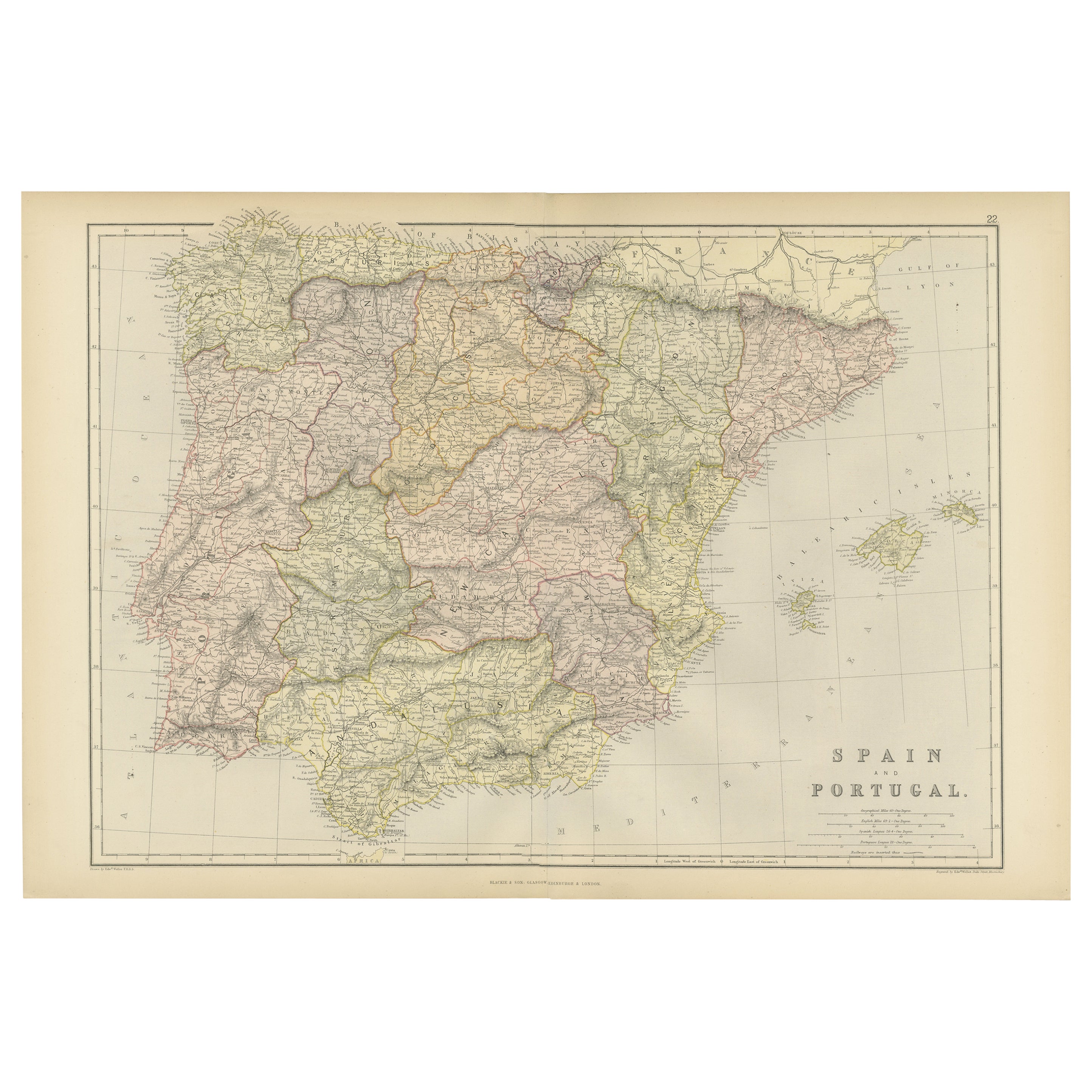 Mappa antica originale della Spagna e del Portogallo, 1882