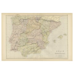 Mappa antica originale della Spagna e del Portogallo, 1882