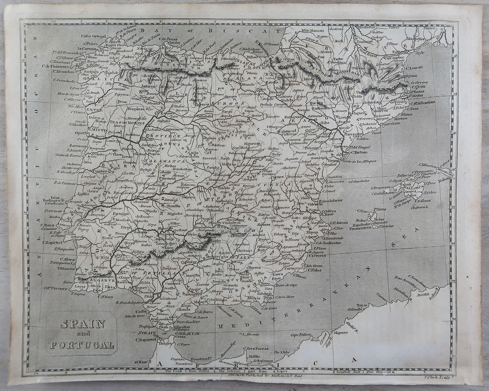 Grande carte de l'Espagne et du Portugal

Gravure sur cuivre

Dessiné et gravé par Thomas Clerk, Édimbourg.

Publié par Mackenzie et Dent, 1817

Non encadré.