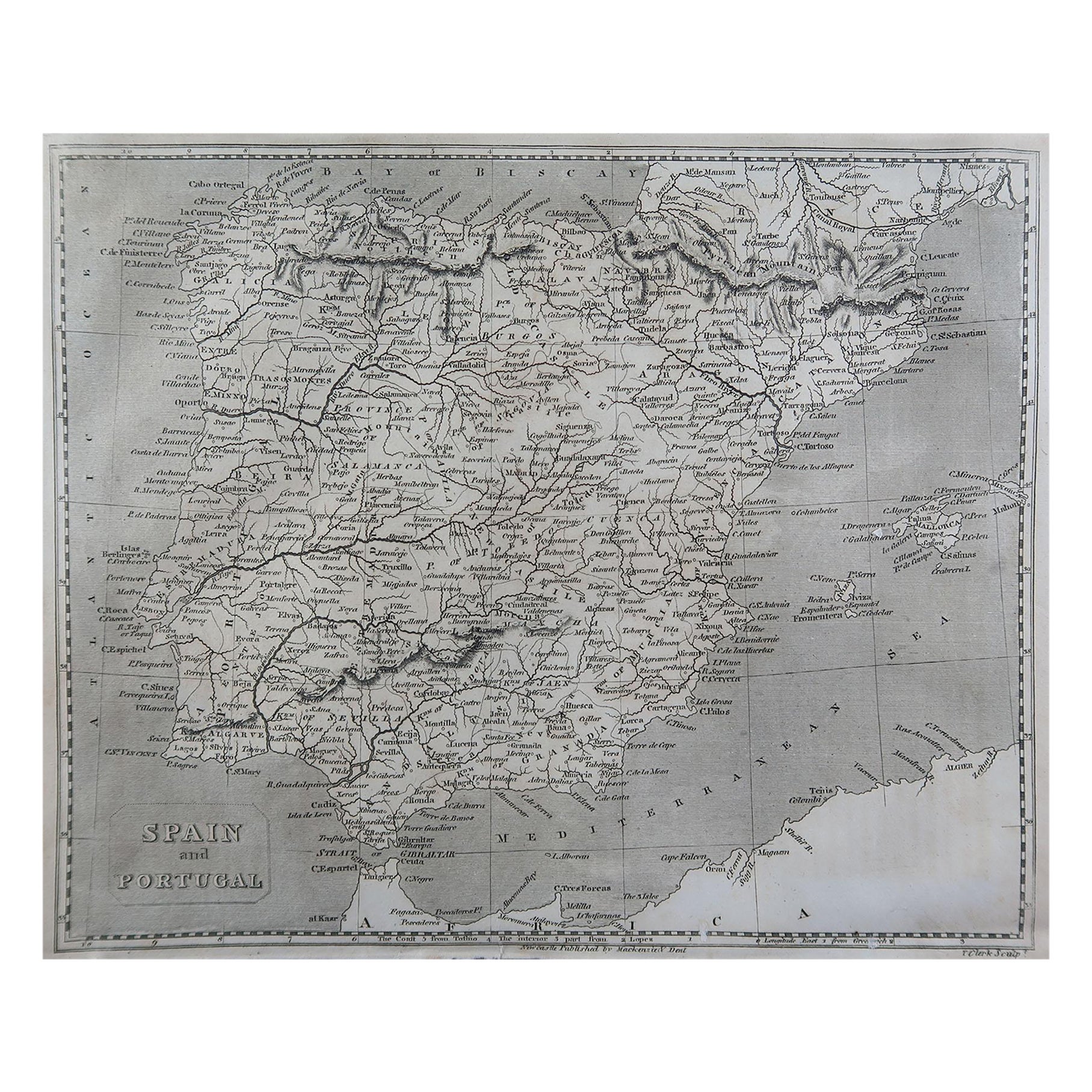 Original Antique Map of Spain and Portugal by Thomas Clerk, 1817
