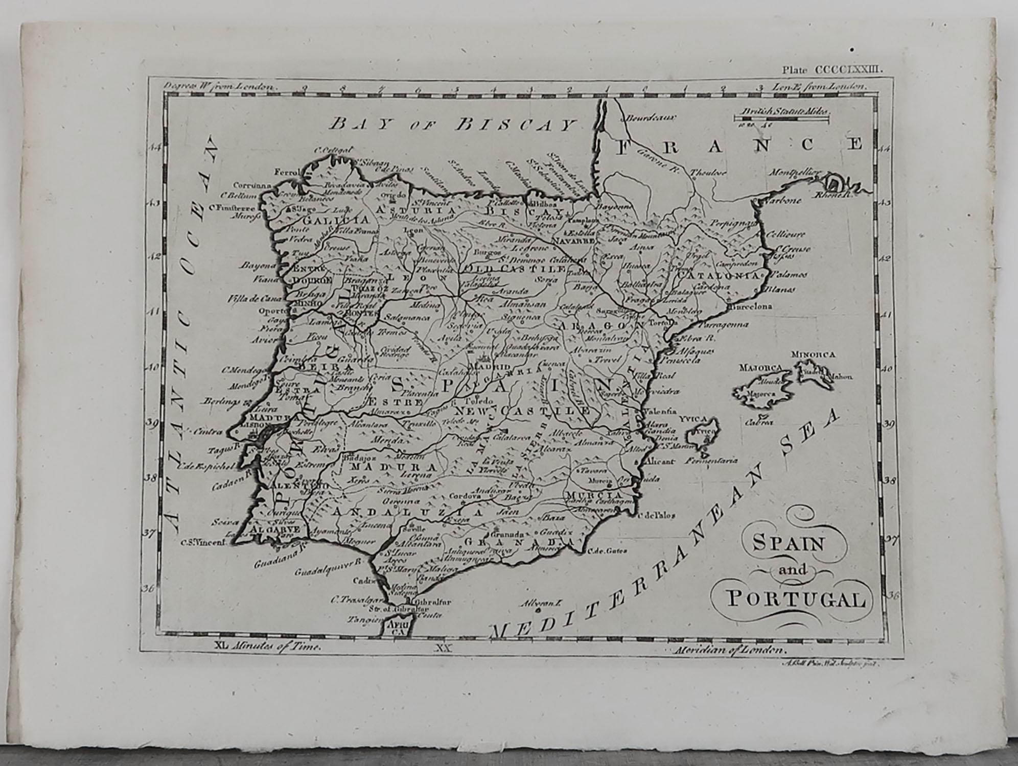 Super carte de l'Espagne et du Portugal

Gravure sur cuivre par A. Bell

Publié vers 1790.

Non encadré.

 