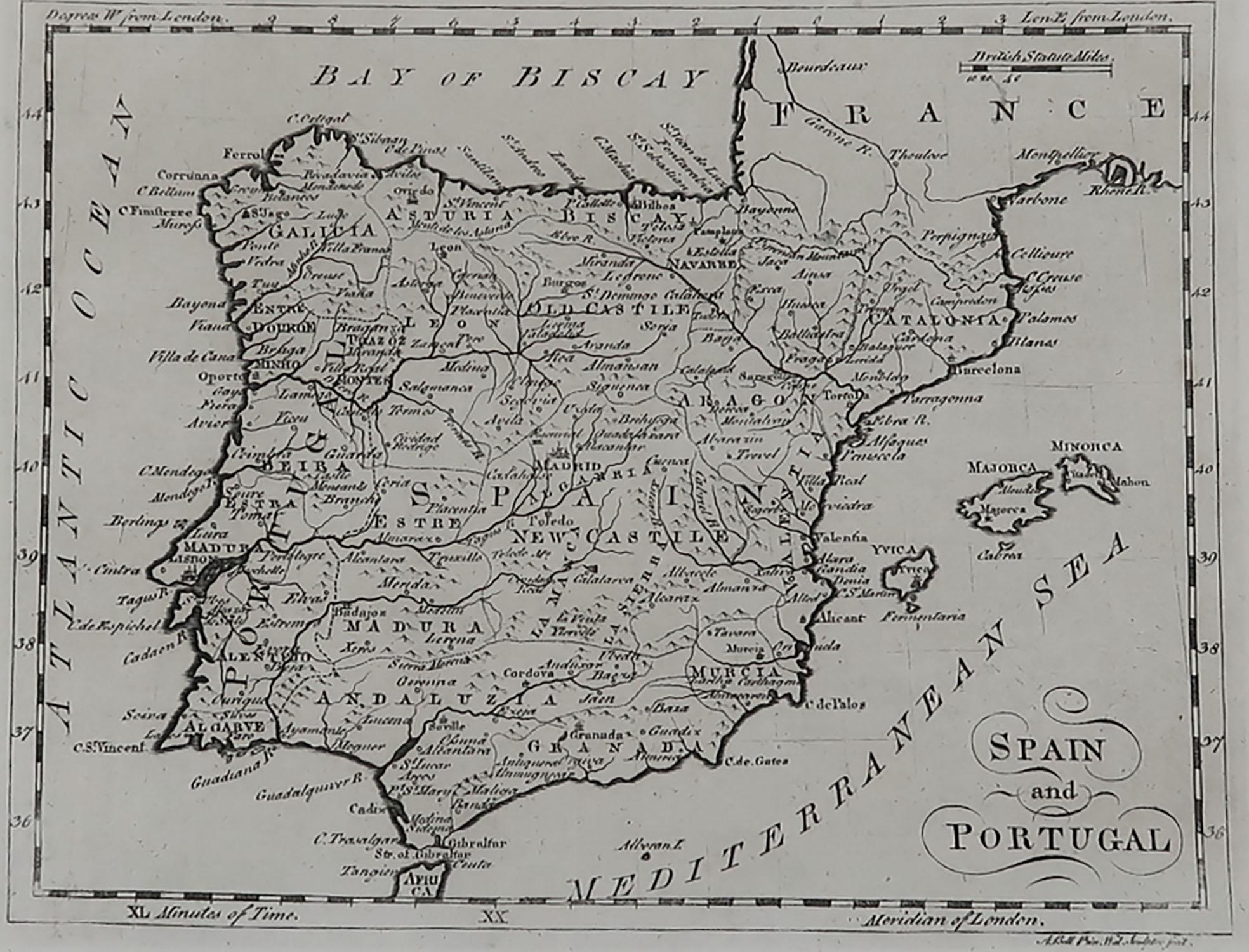 English Original Antique Map of Spain and Portugal, circa 1790