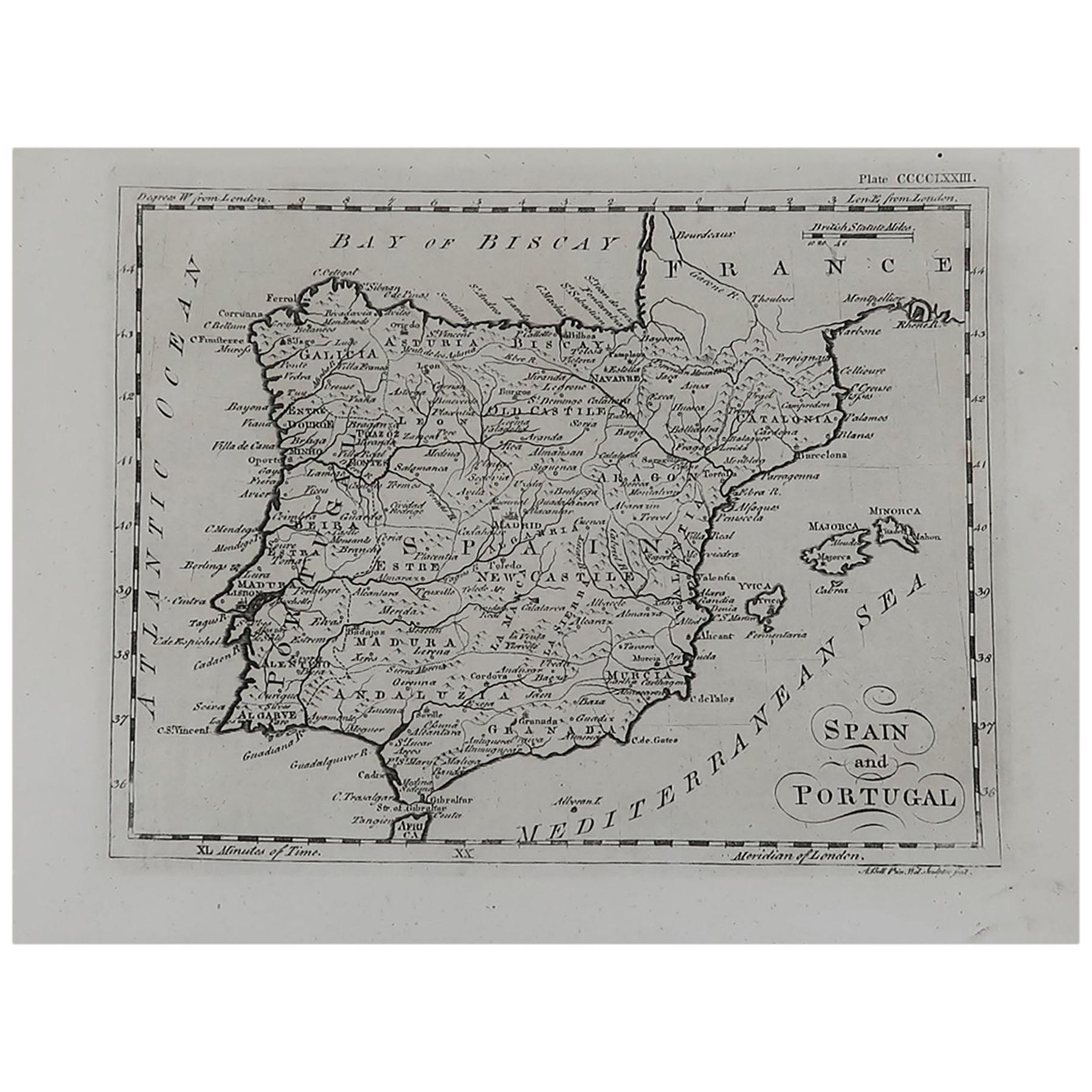 Original Antique Map of Spain and Portugal, circa 1790