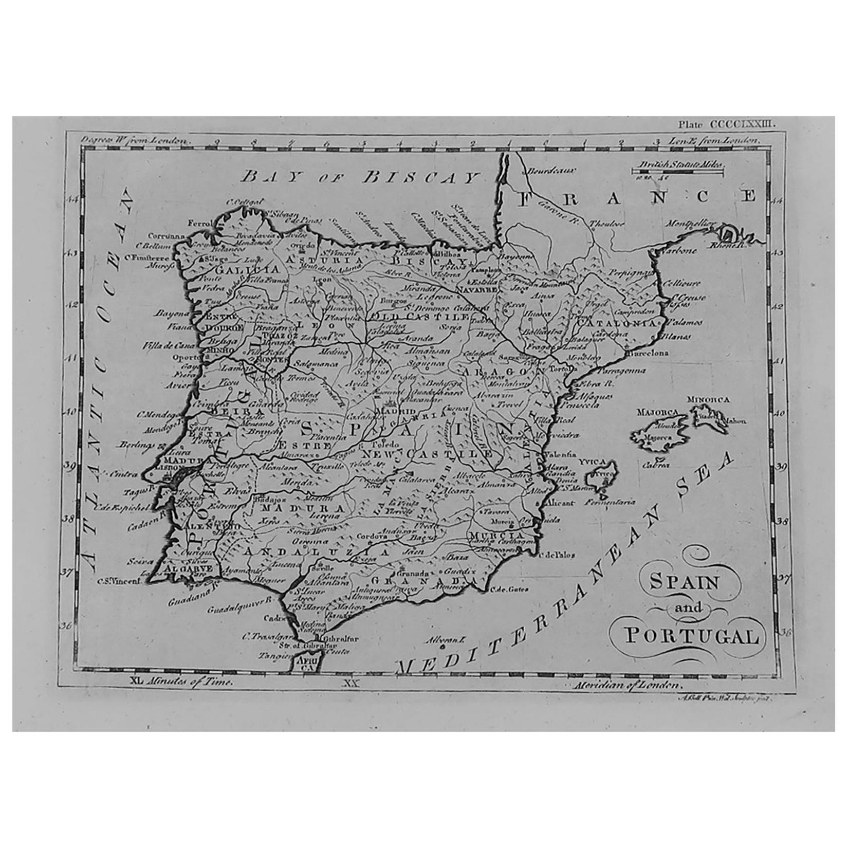 Original Antique Map of Spain and Portugal, circa 1790