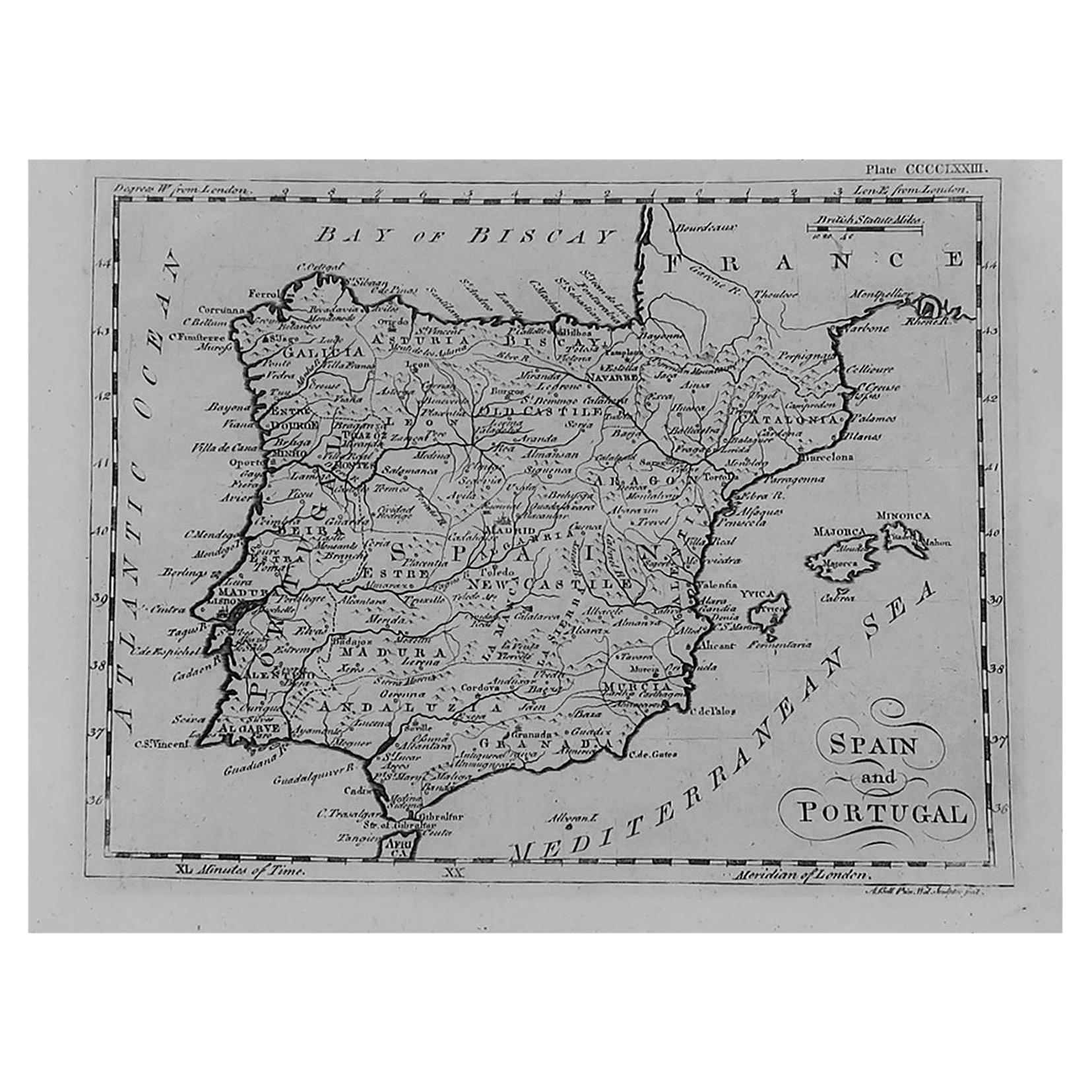 Original Antique Map of Spain and Portugal, circa 1790