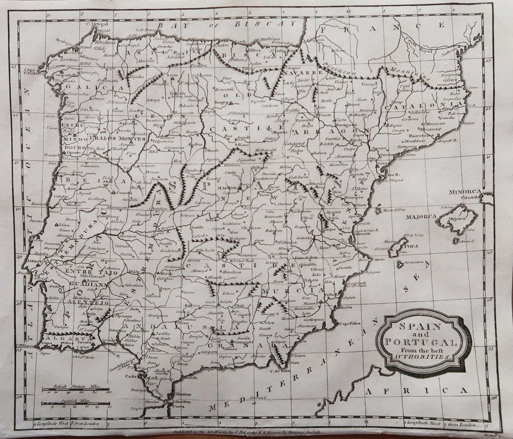 Grande carte de l'Espagne et du Portugal

Gravure sur cuivre de Barlow

Publié par Brightly & Kinnersly, Bungay, Suffolk. 1806

Non encadré.