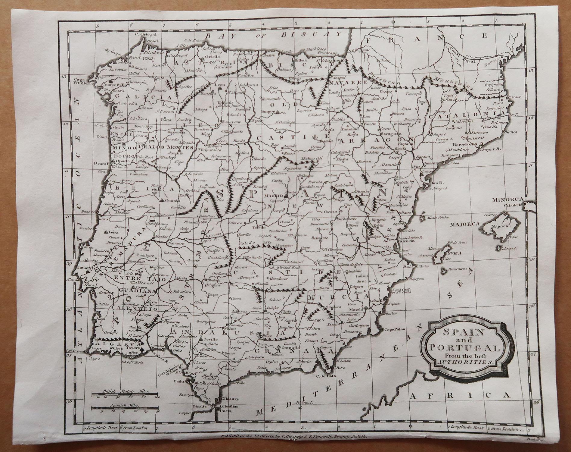 Anglais Carte ancienne originale d'Espagne et du Portugal, gravée par Barlow, 1806 en vente