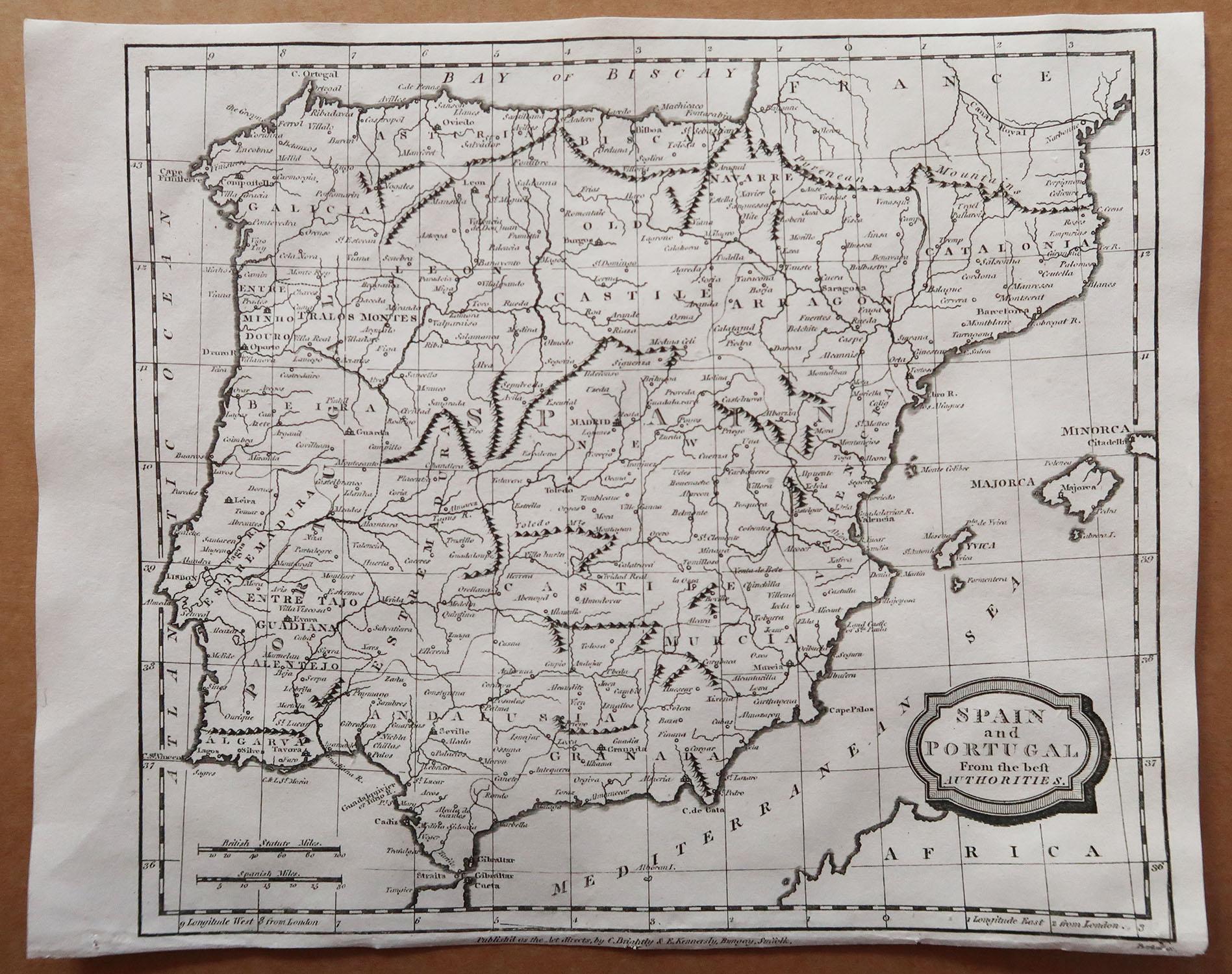 Autre Carte ancienne originale d'Espagne et du Portugal, gravée par Barlow, 1806