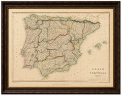 Original Antique Map of Spain and Portugal, Iberian Peninsula c.1860