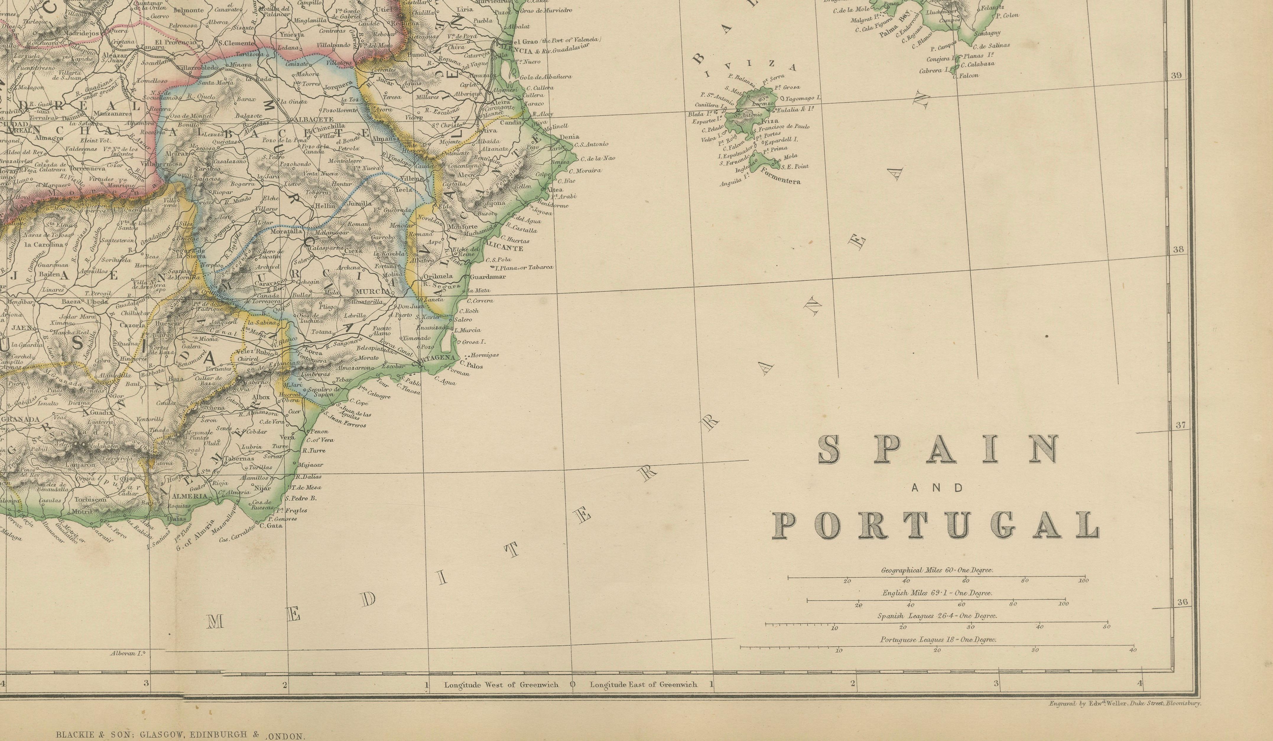 Original Antique Map of Spain and Portugal, Iberian Peninsula c.1860