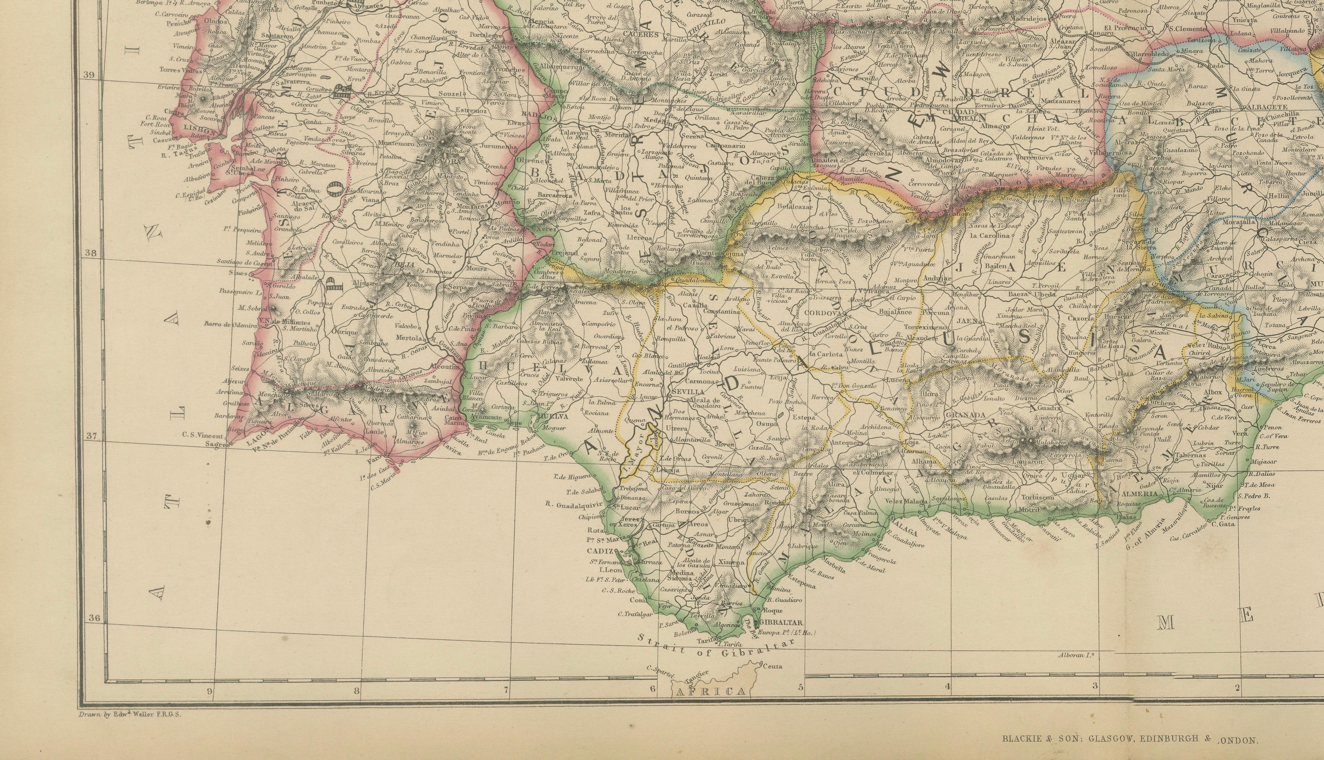 Original Antique Map of Spain and Portugal, Iberian Peninsula c.1860