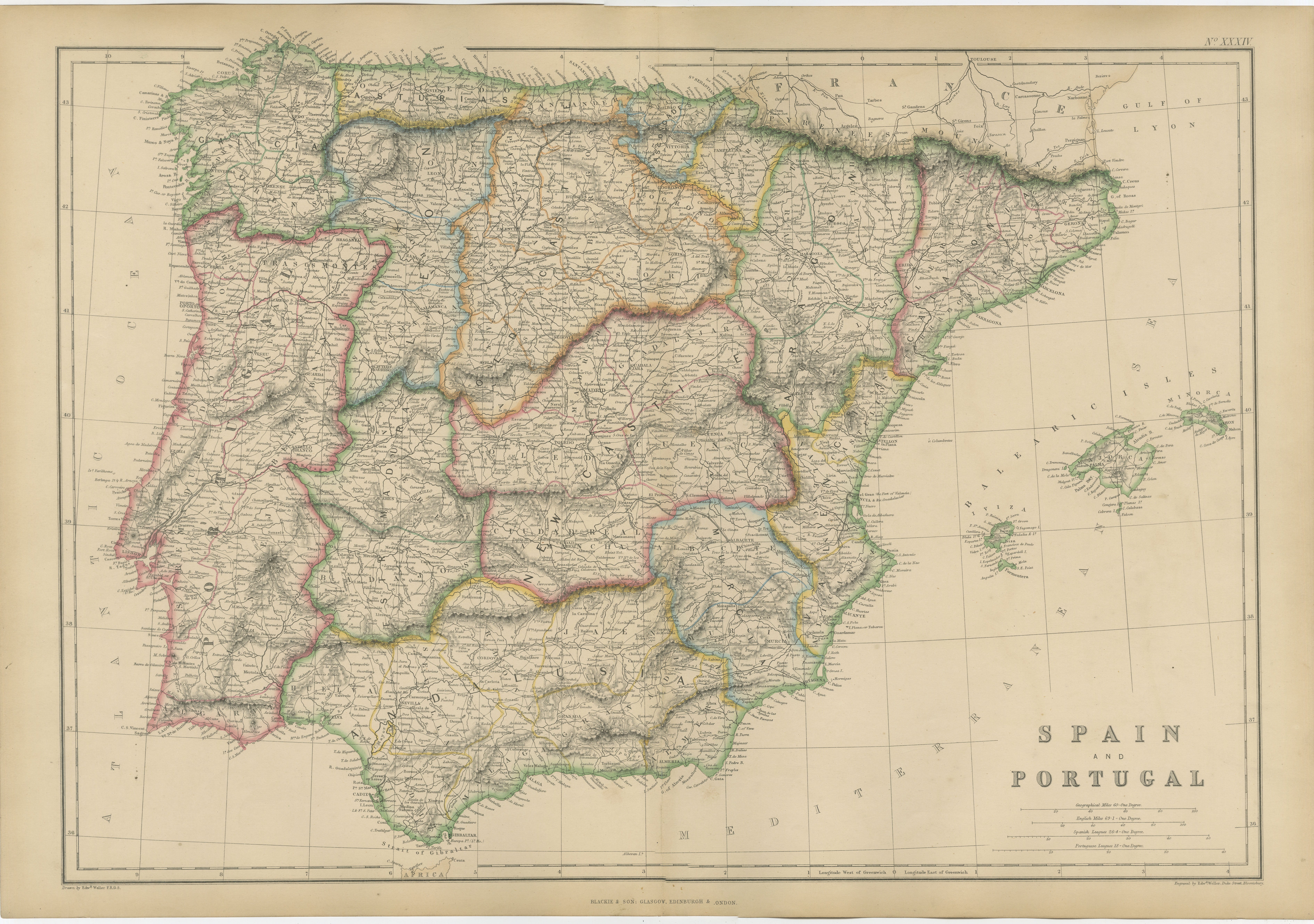 Original Antique Map of Spain and Portugal, Iberian Peninsula c.1860