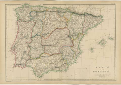 Original Antique Map of Spain and Portugal, Iberian Peninsula c.1860