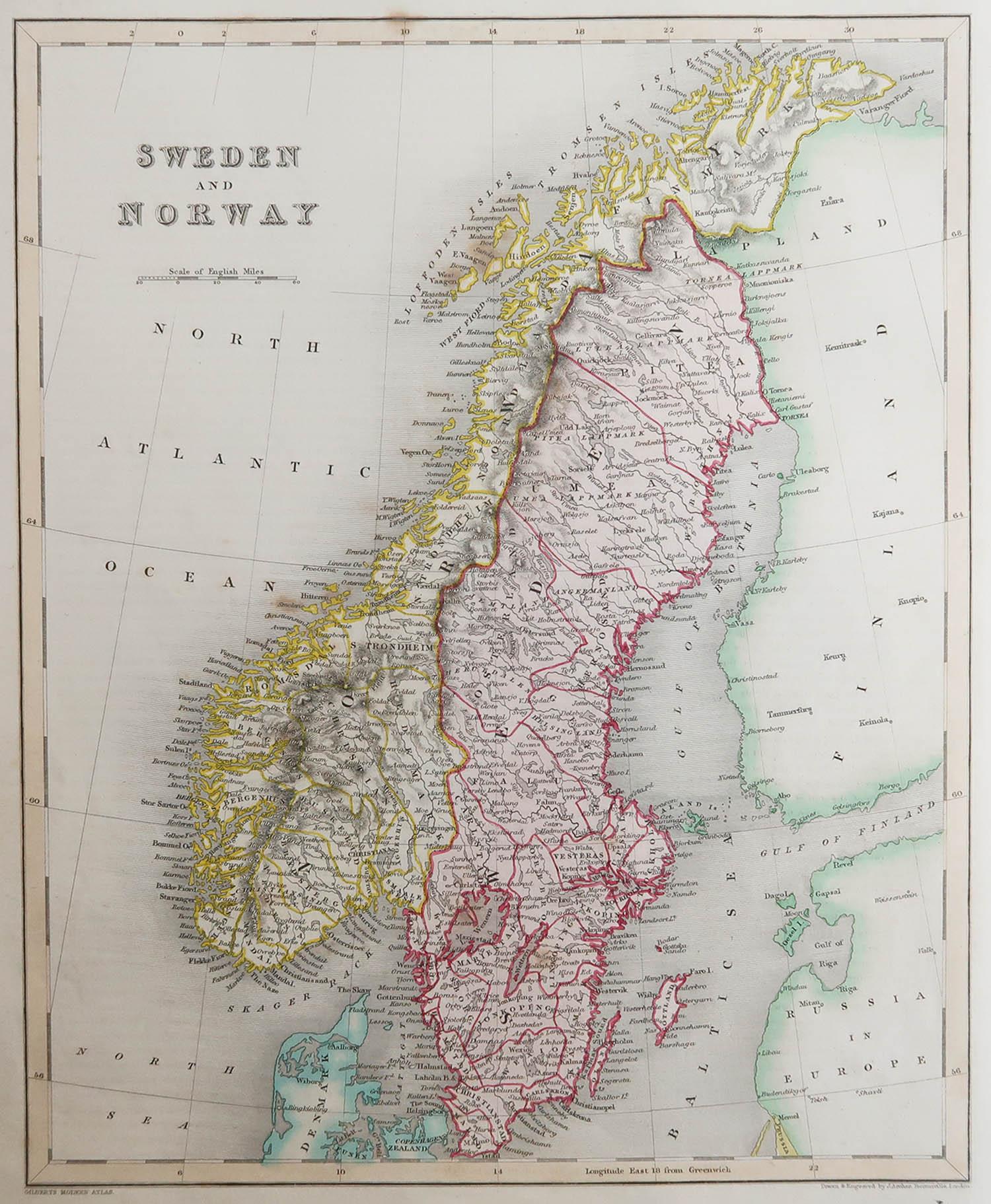 Great map of Sweden and Norway

Drawn and engraved by Archer

Published by Grattan and Gilbert

Original color 

Unframed.




