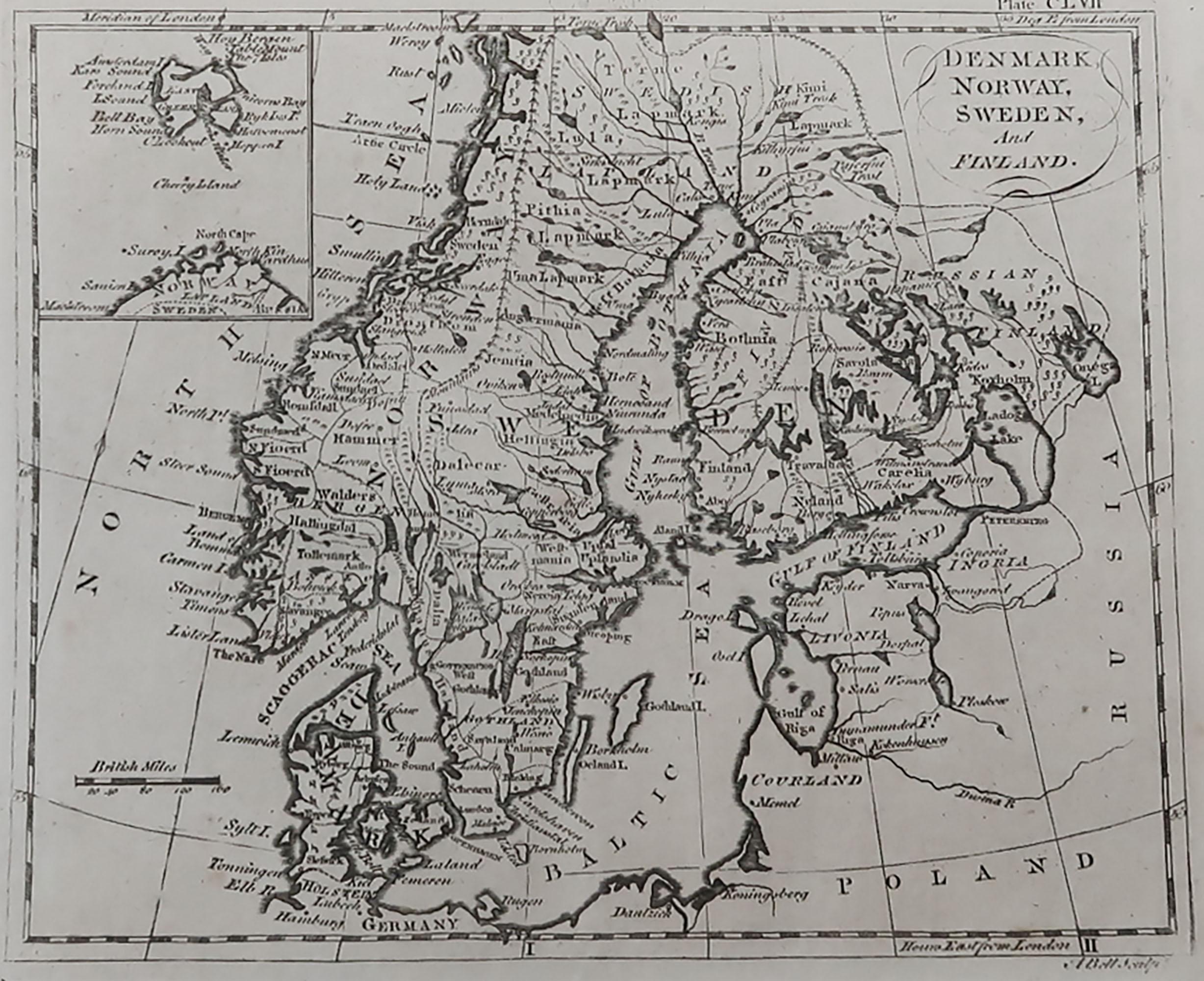 English Original Antique Map of Sweden, Norway, Denmark and Finland, circa 1790