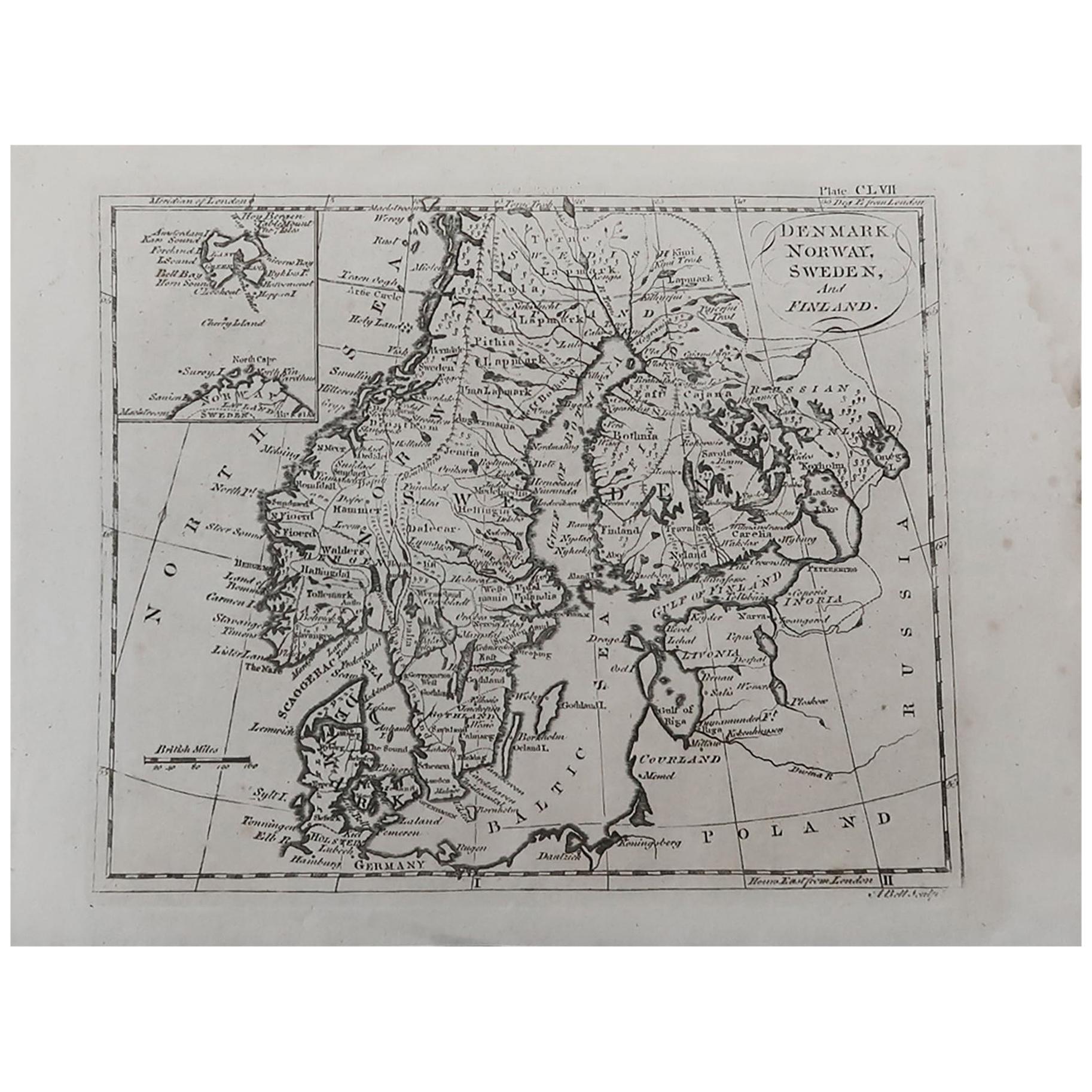 Original Antique Map of Sweden, Norway, Denmark and Finland, circa 1790