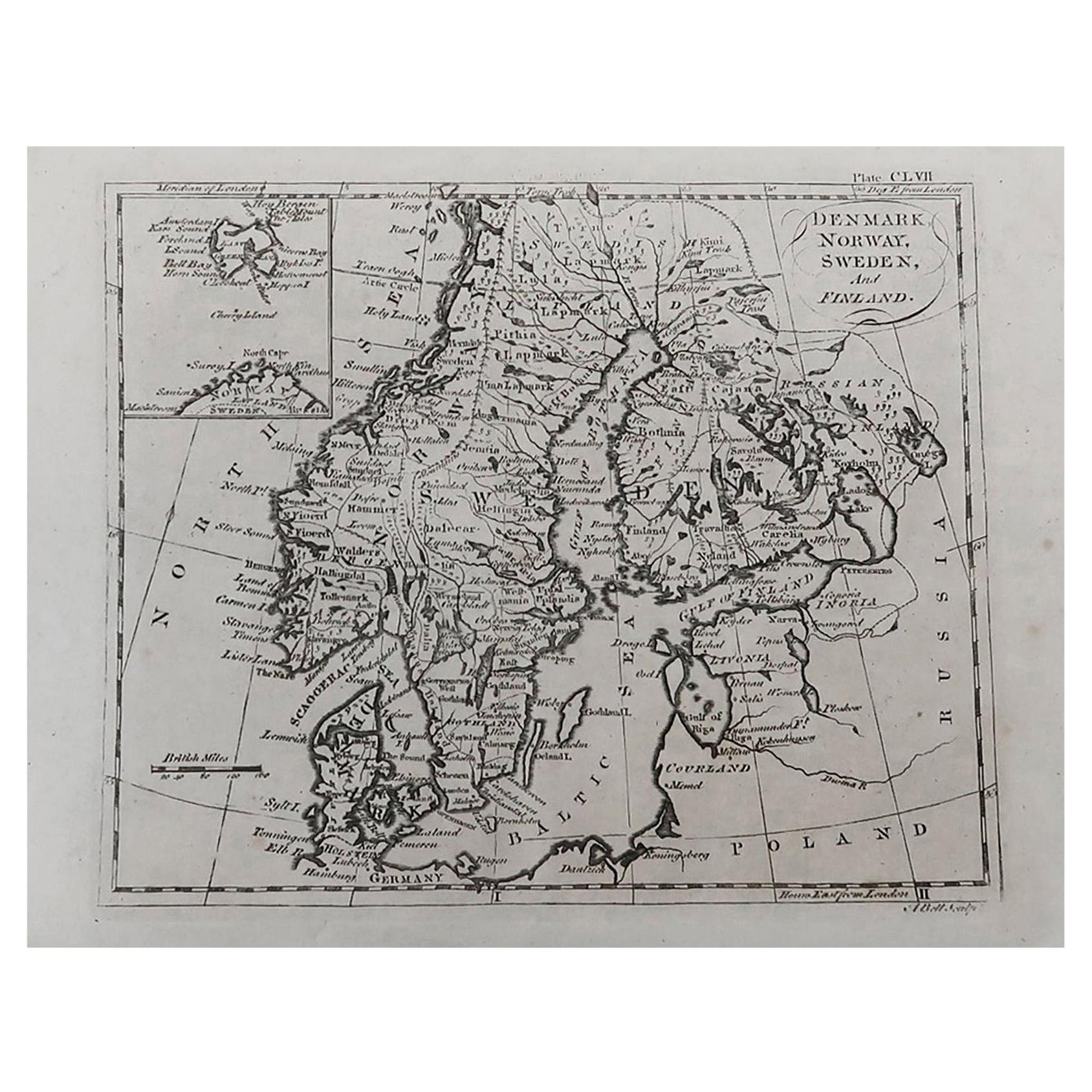 Original Antique Map of Sweden, Norway, Denmark and Finland, circa 1790 