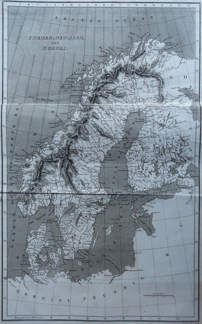 Original Antique Map of Sweden, Norway and Denmark, Sherwood, Neely