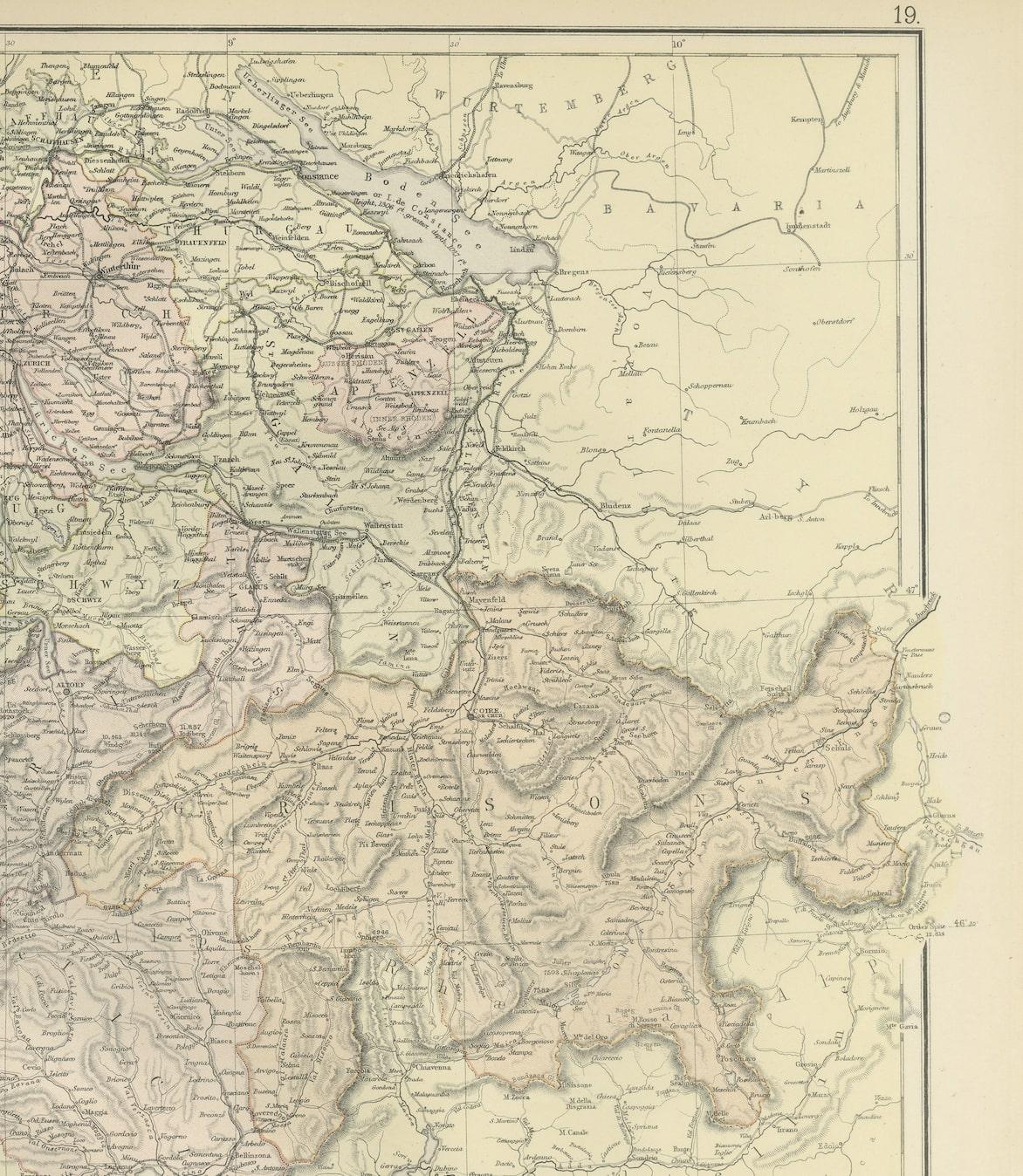 Originale antike Karte der Schweiz, 1882 im Zustand „Gut“ im Angebot in Langweer, NL
