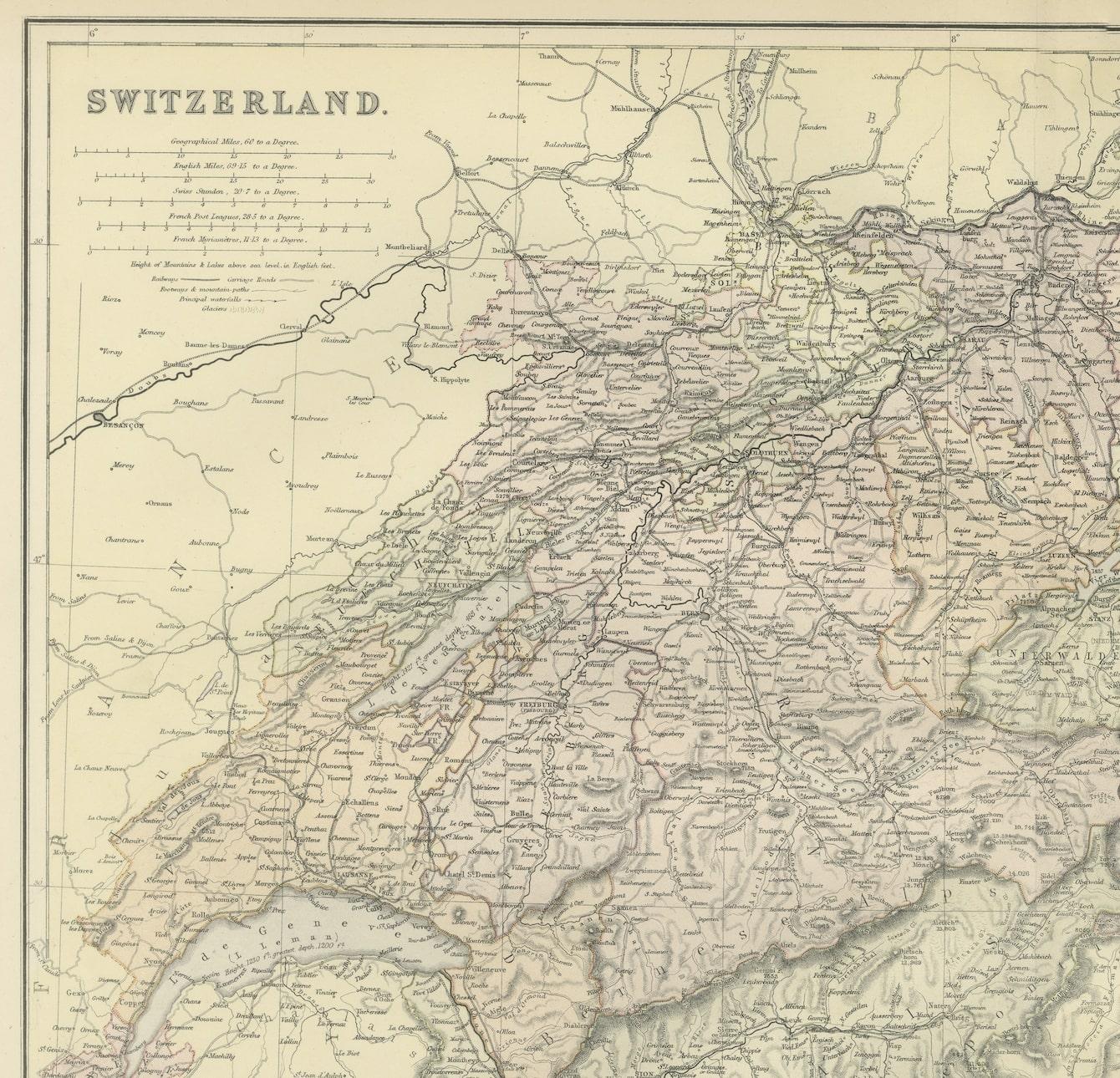 Late 19th Century Original Antique Map of Switzerland, 1882 For Sale