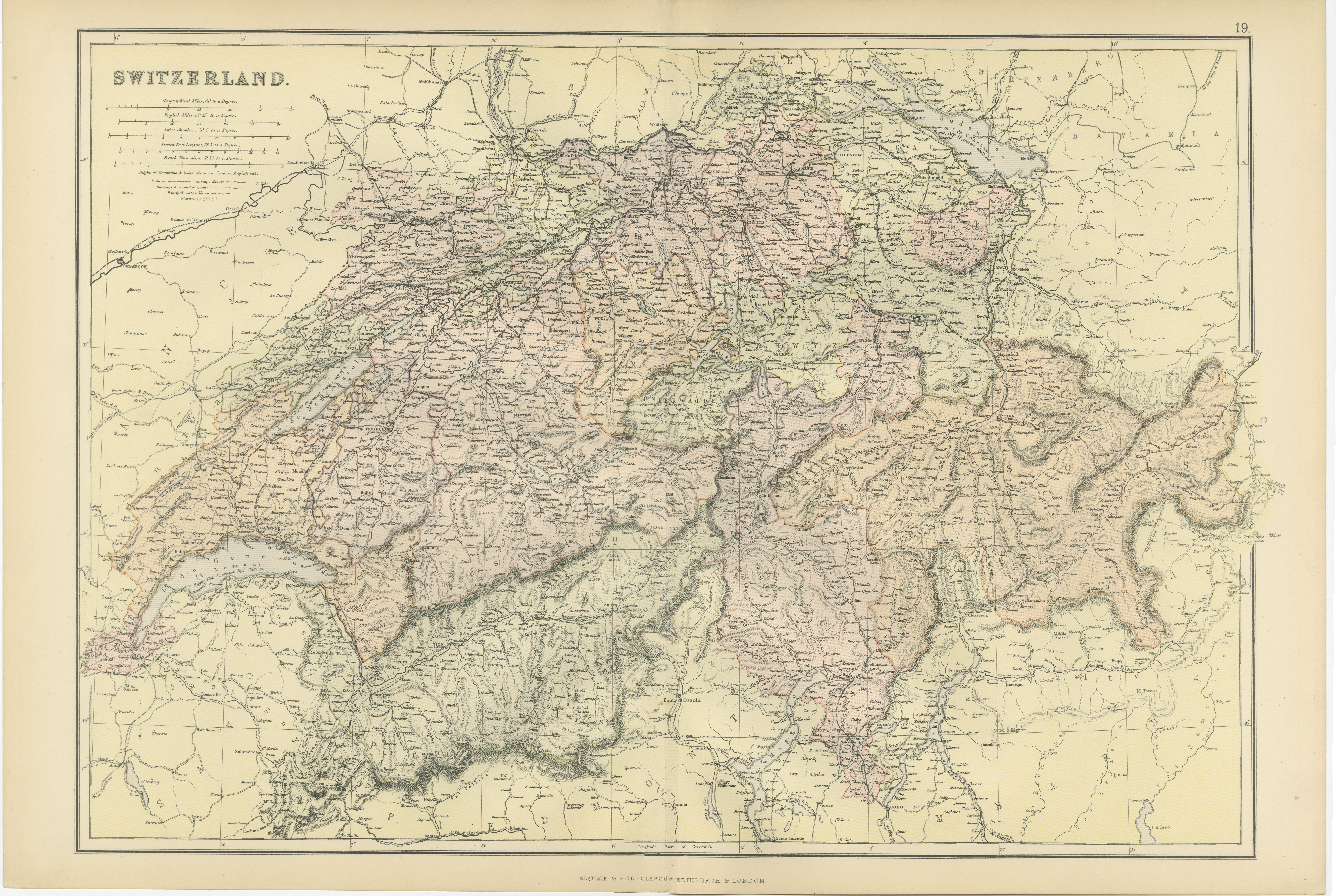 Paper Original Antique Map of Switzerland, 1882 For Sale