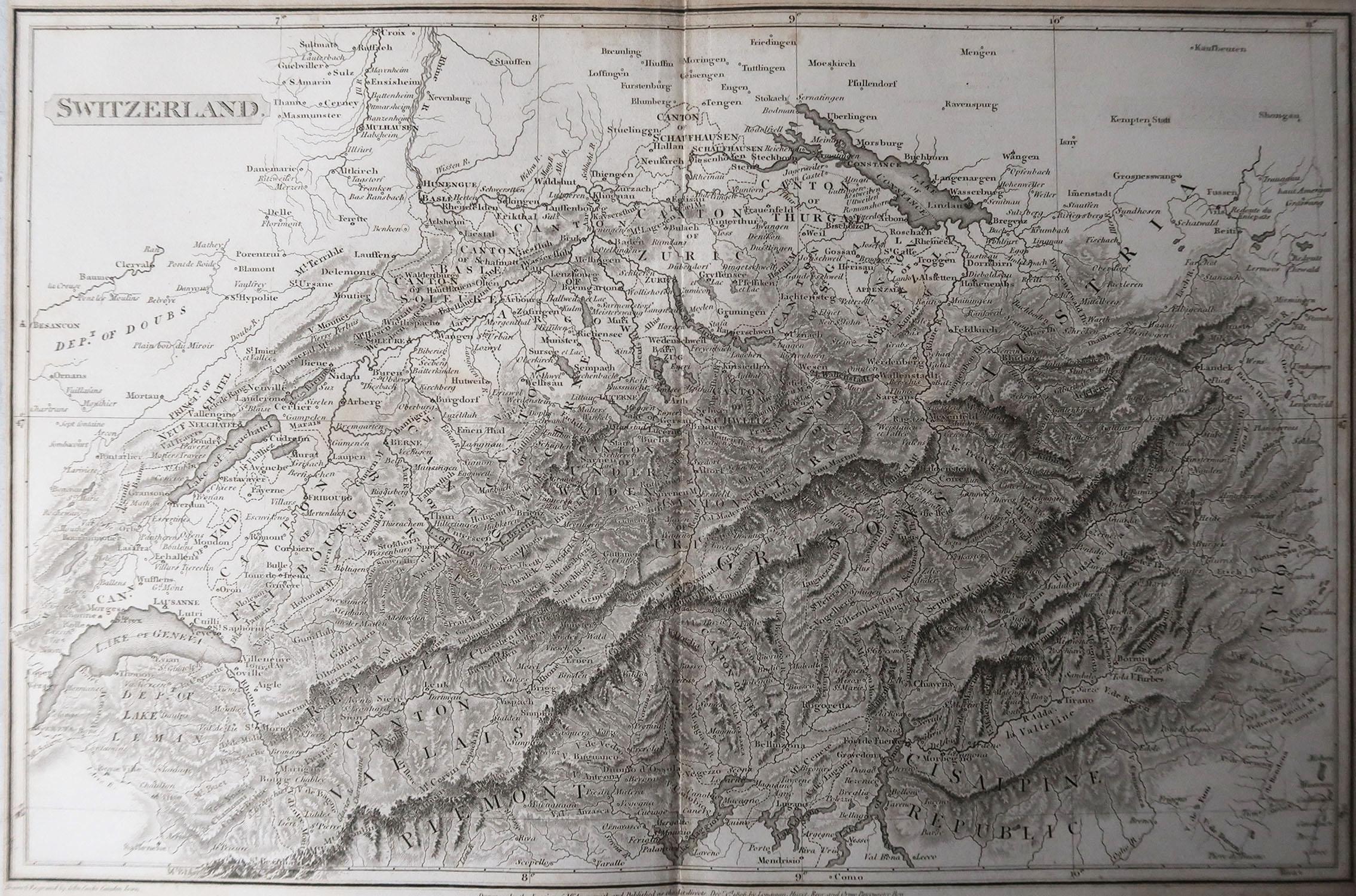 English Original Antique Map of Switzerland, Arrowsmith, 1820