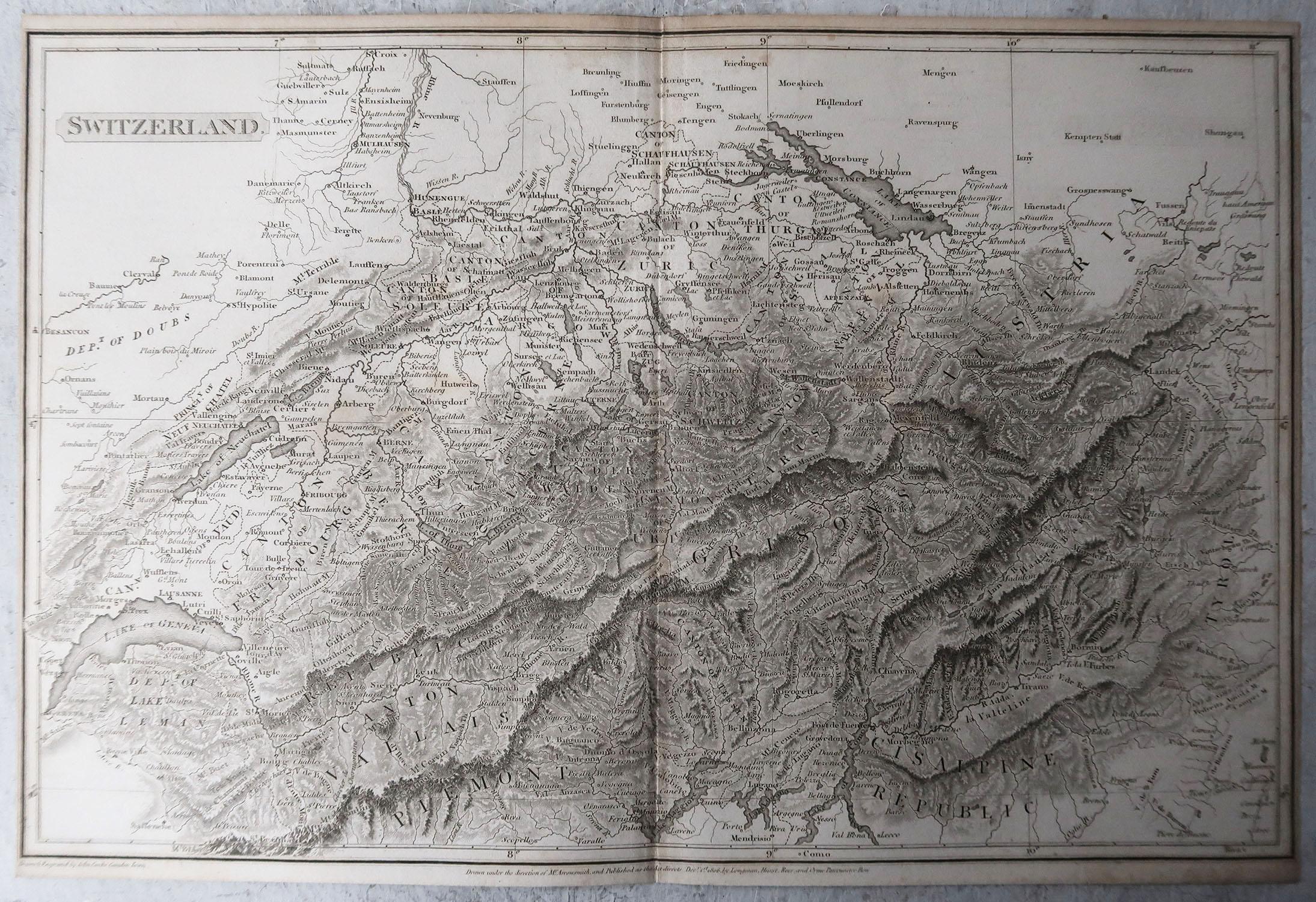 Original Antique Map of Switzerland, Arrowsmith, 1820 In Good Condition In St Annes, Lancashire