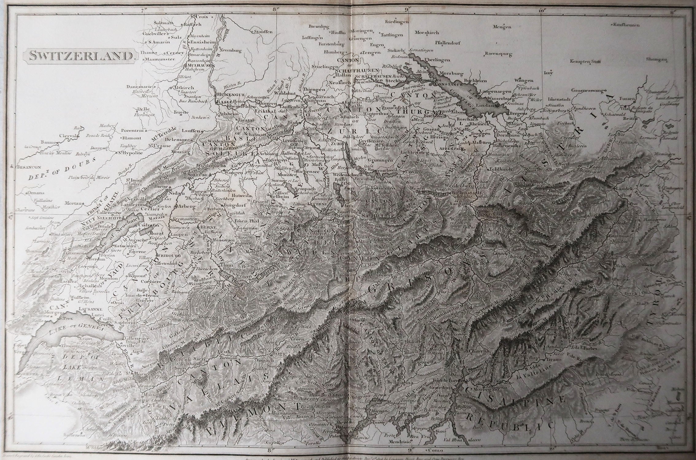 Original Antique Map of Switzerland, Arrowsmith, 1820