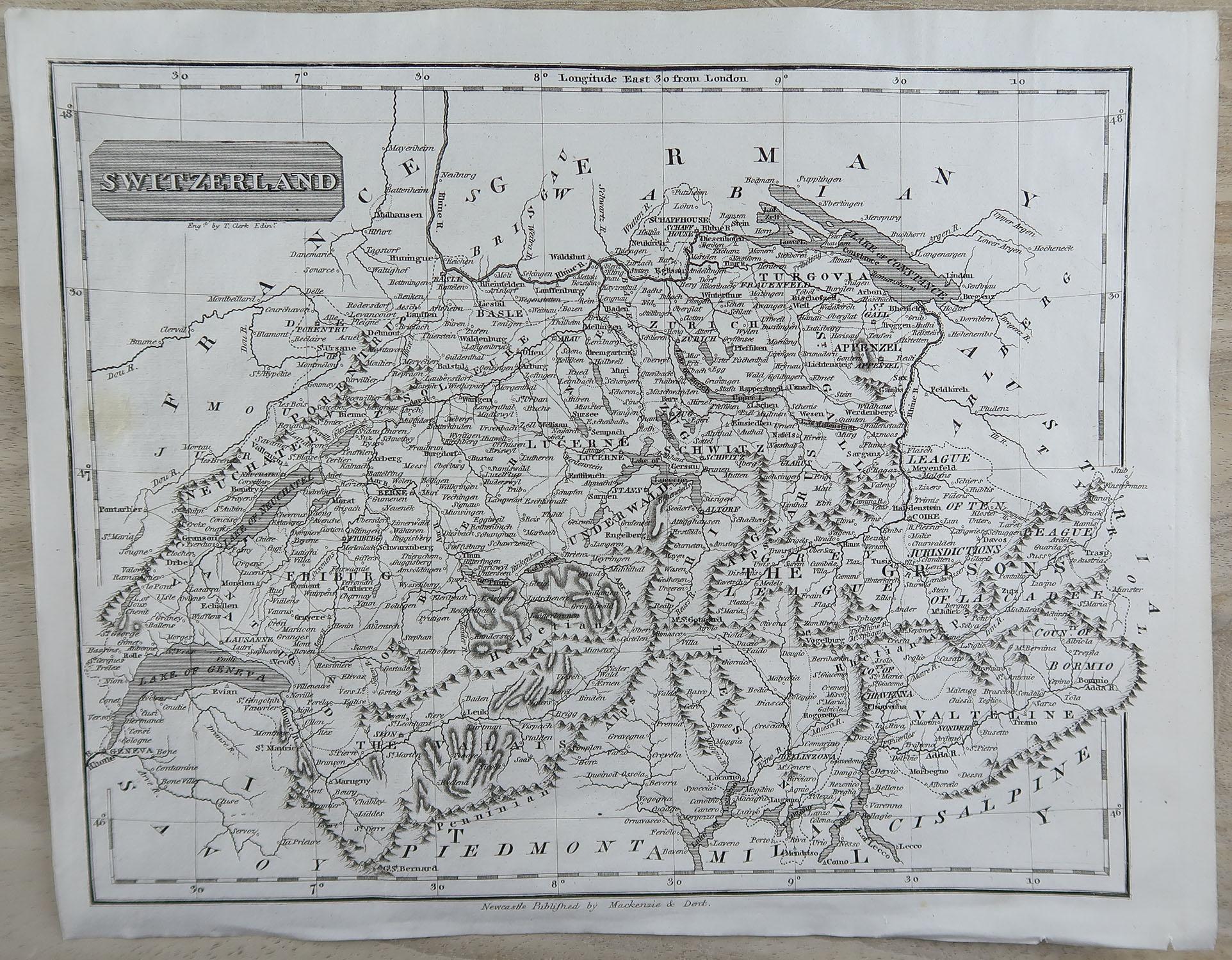 English Original Antique Map of Switzerland by Thomas Clerk, 1817