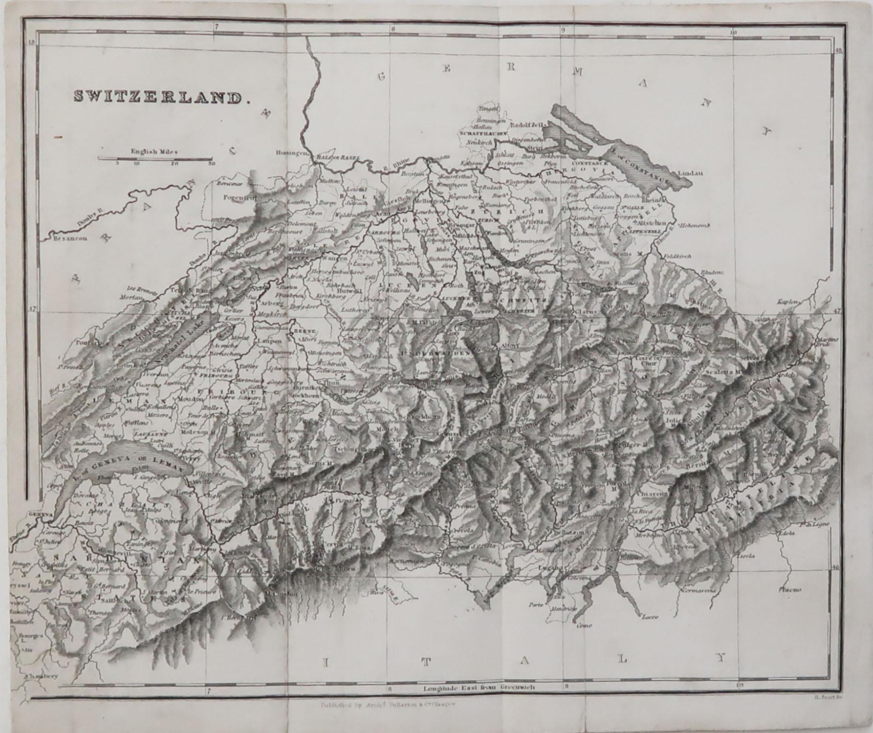 Great map of Switzerland

Printed on paper laid on to linen

Steel engraving by R.Scott

Published by Fullarton, Glasgow, circa 1840

Unframed.



 