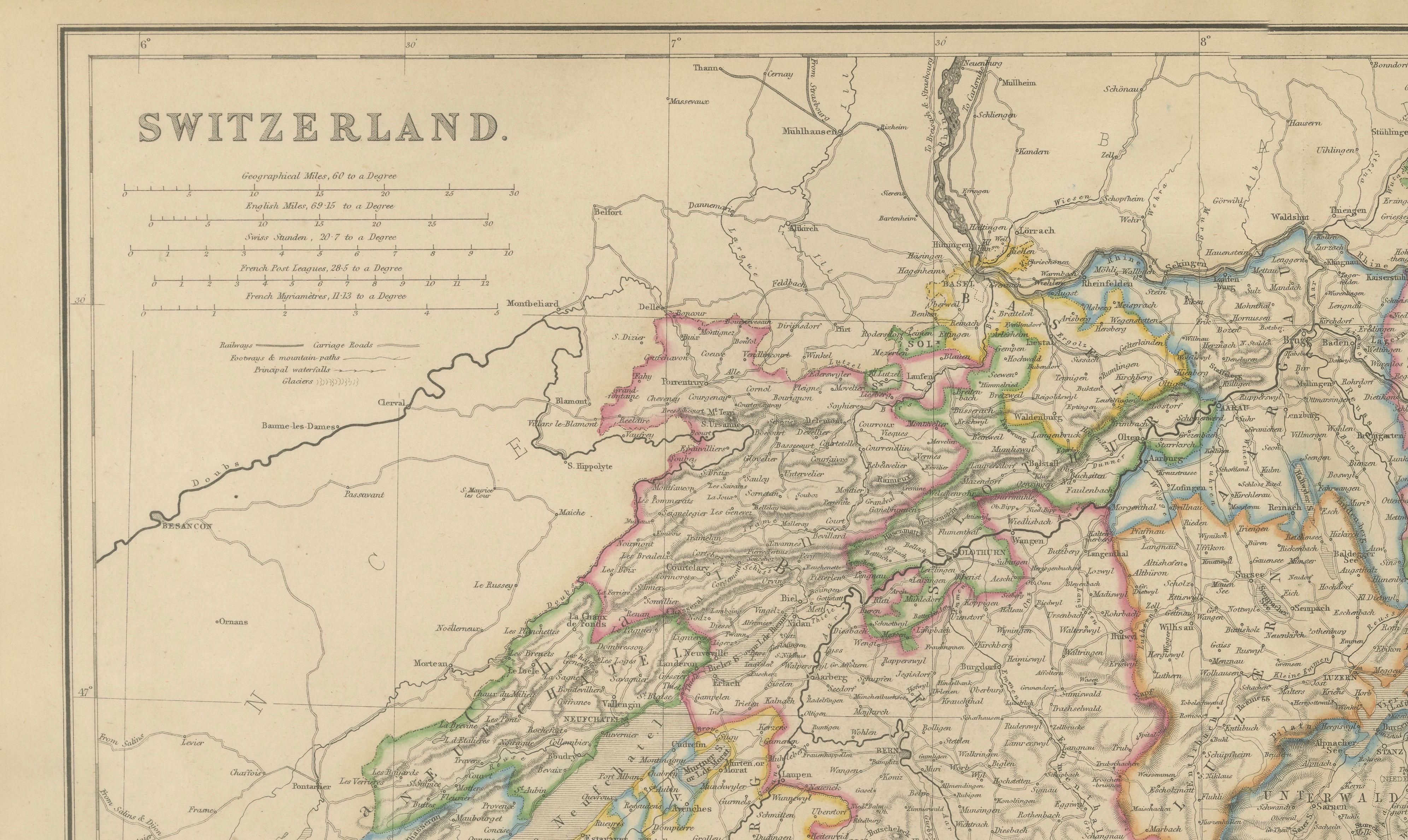 Original Antique Map of Switzerland, Swiss Confederation c.1860