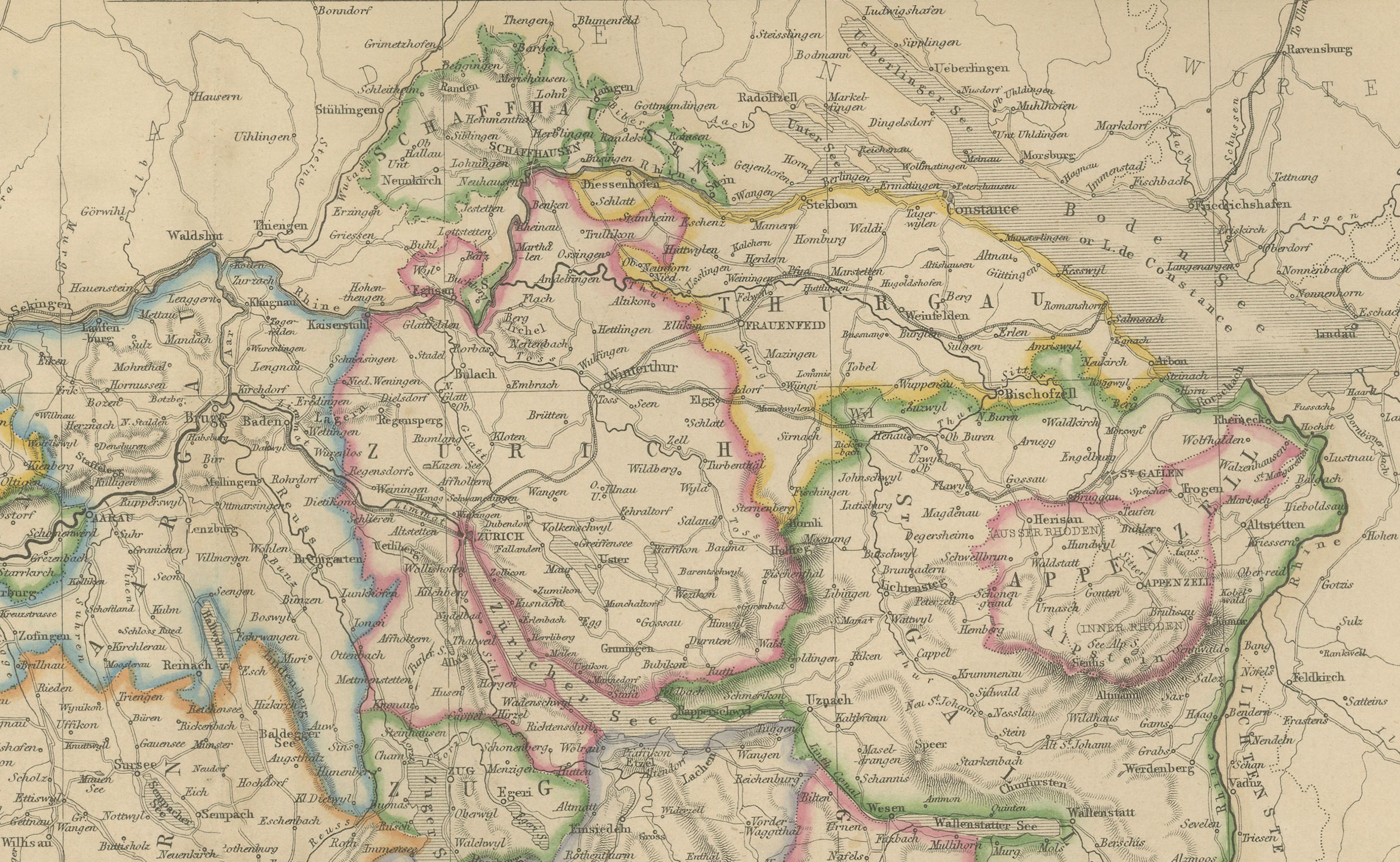 Original Antique Map of Switzerland, Swiss Confederation c.1860