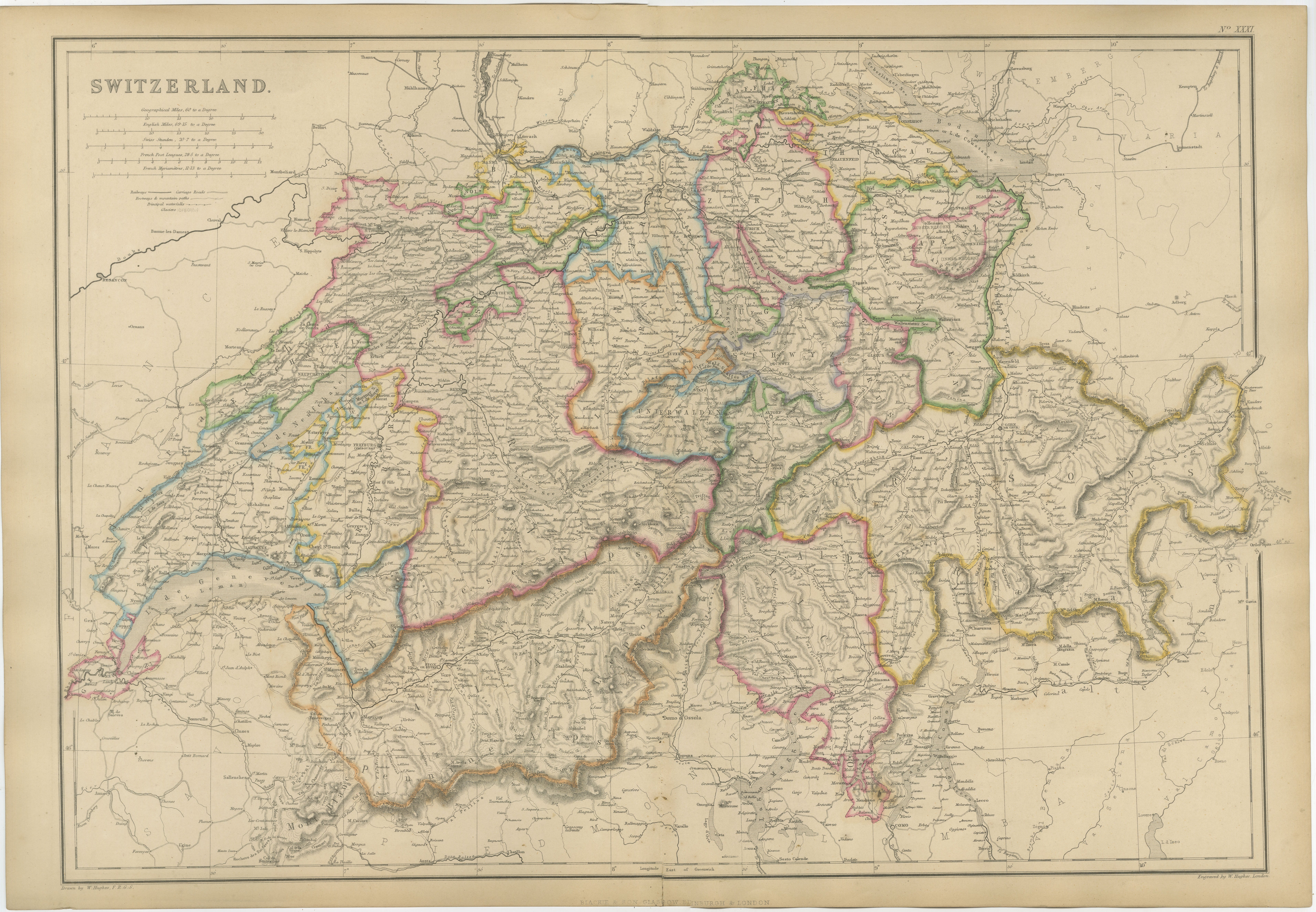 Original Antique Map of Switzerland, Swiss Confederation c.1860