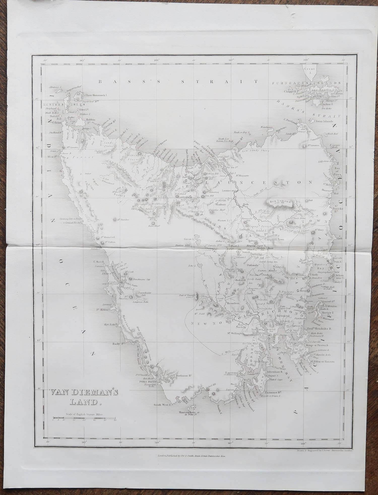 Anglais Carte ancienne originale de la Tasmanie, Australie par Dower, vers 1835 en vente