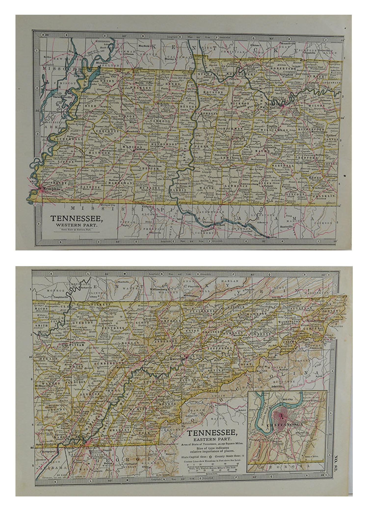 Great map of Tennessee (in 2 parts)

Original color.

Published circa 1890

Repair to an edge tear on one of them

Unframed

The measurement given below is for one sheet
 