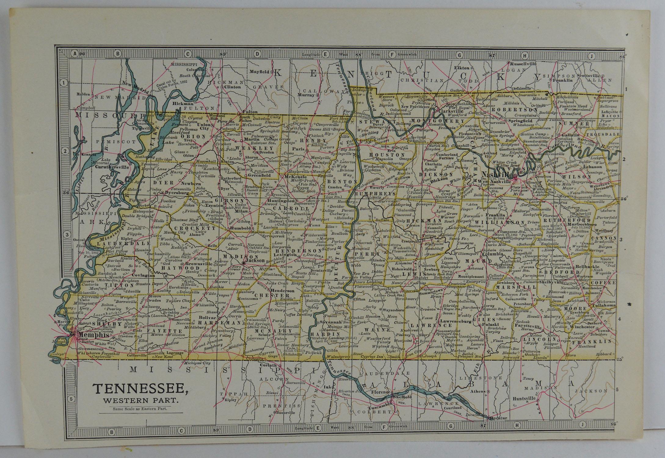 Other Original Antique Map of Tennessee, circa 1890