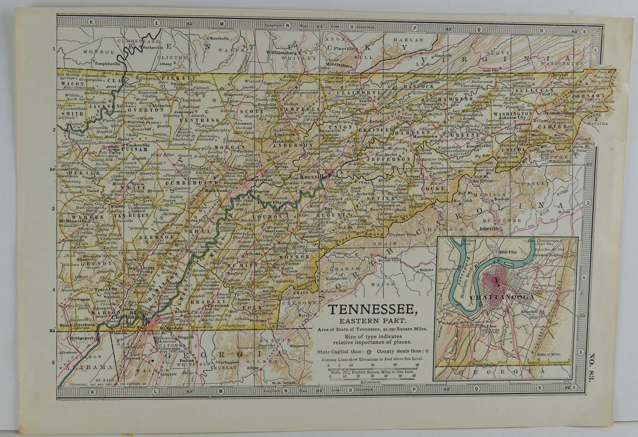 English Original Antique Map of Tennessee, circa 1890