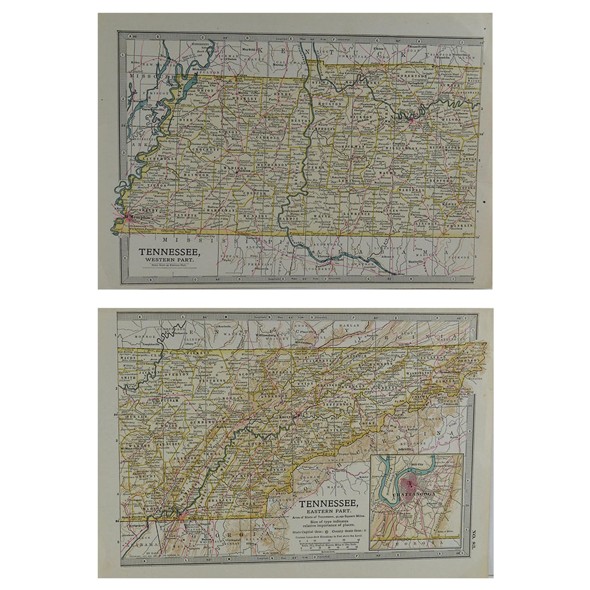 Original Antique Map of Tennessee, circa 1890