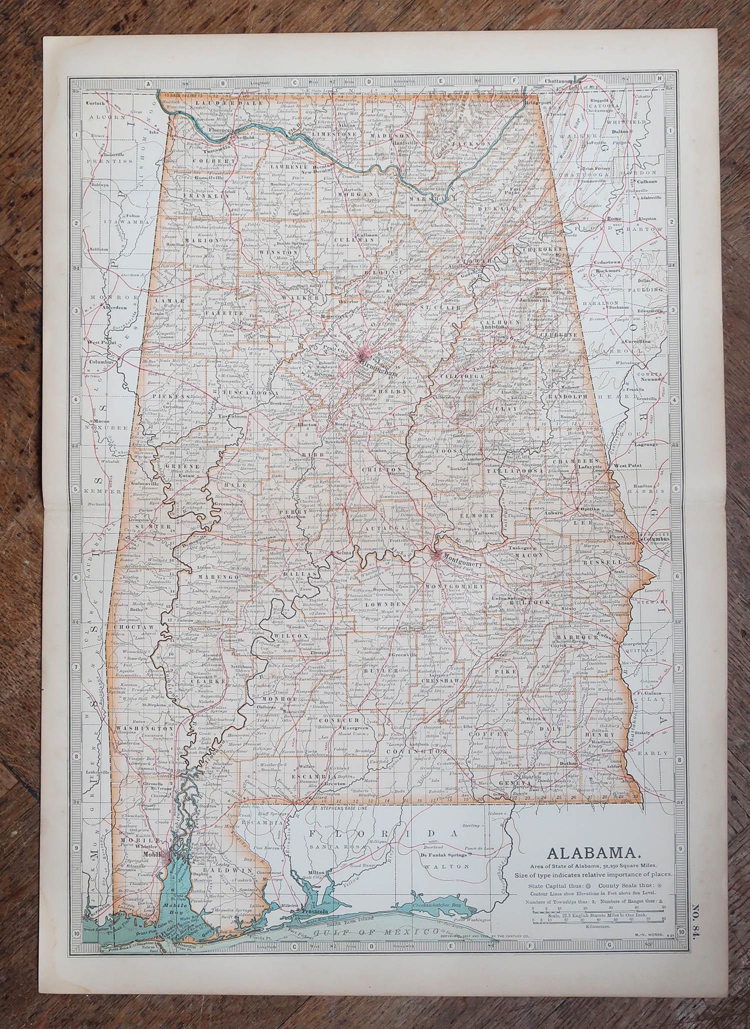 Mapa original antiguo del estado norteamericano de Alabama, 1903 Inglés en venta