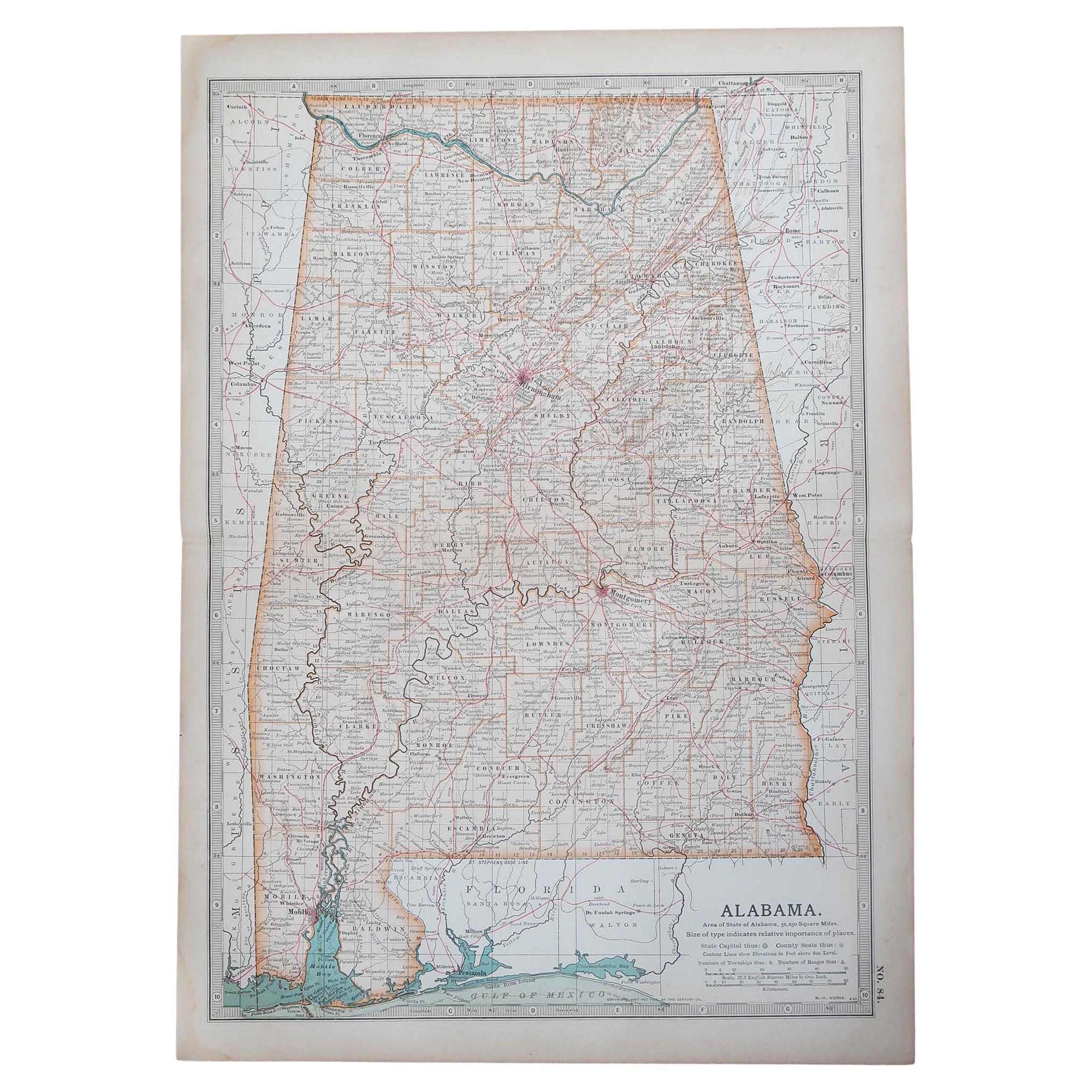 Mapa original antiguo del estado norteamericano de Alabama, 1903