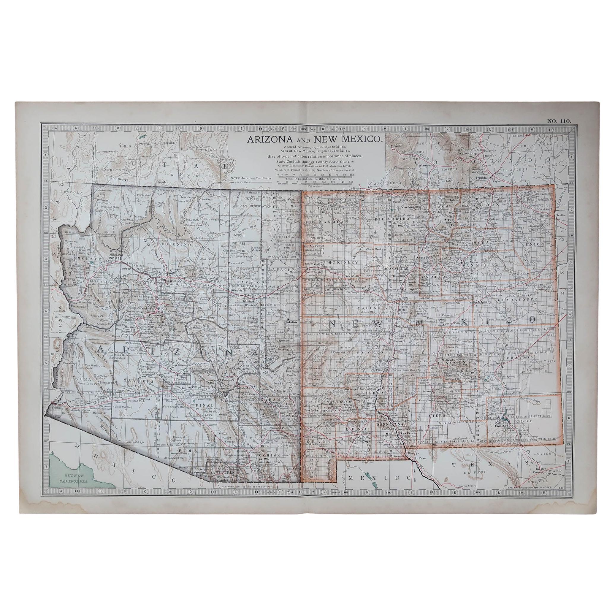 Original Antique Map of the American State of Arizona & New Mexico, 1903