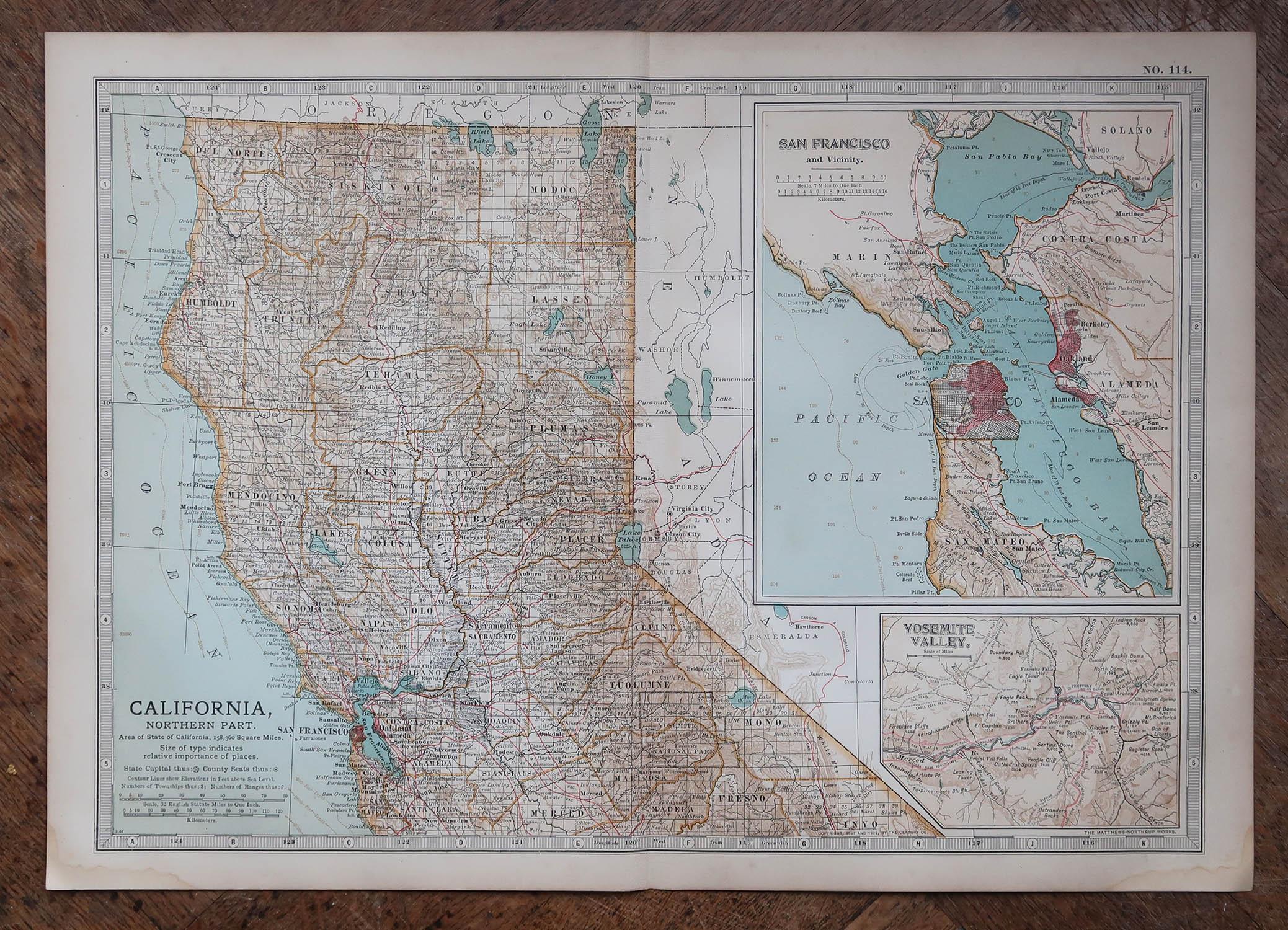 Anglais Carte ancienne de l'État américain de Californie (partie nord), 1903 en vente