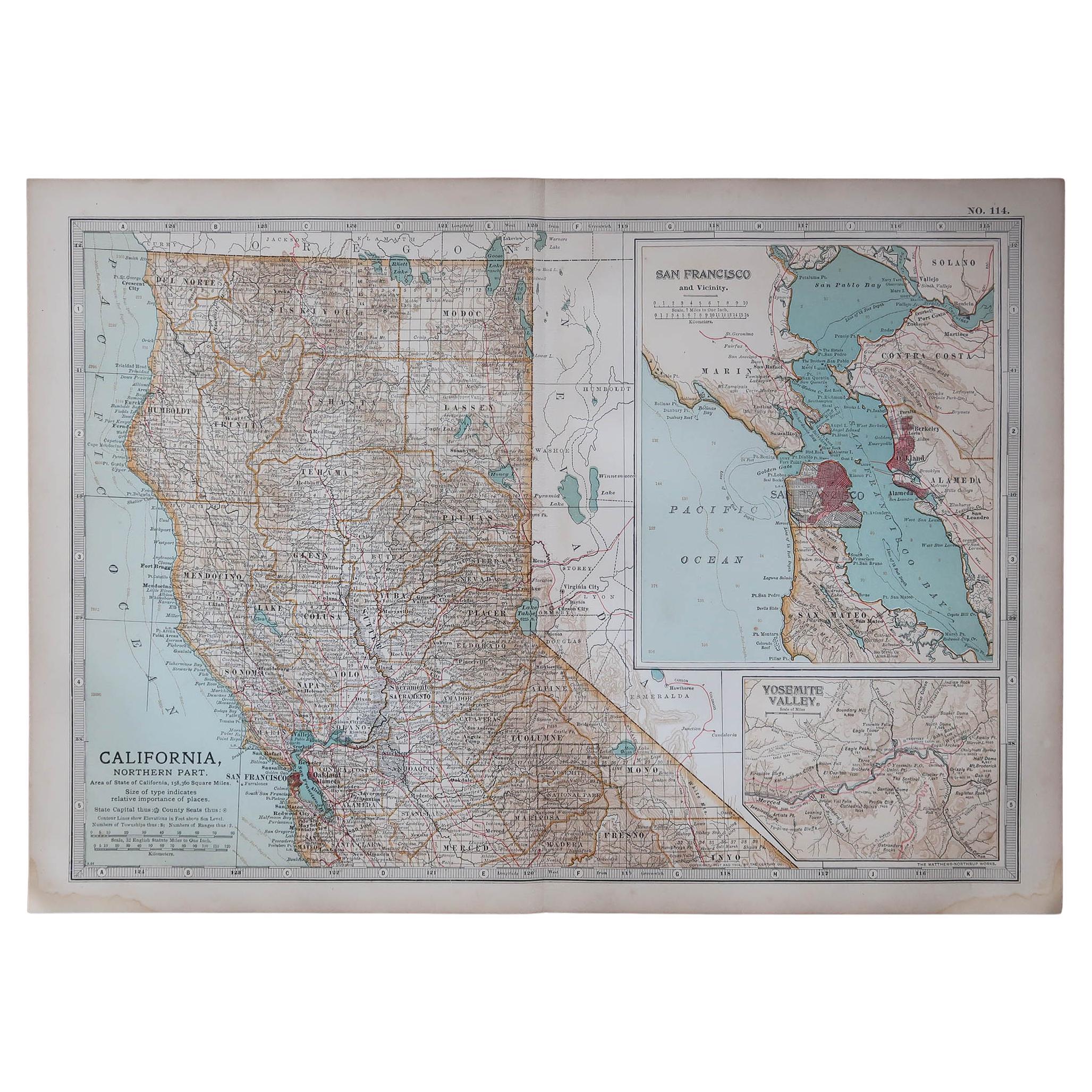 Original Antique Map of the American State of California ( Northern Part ), 1903