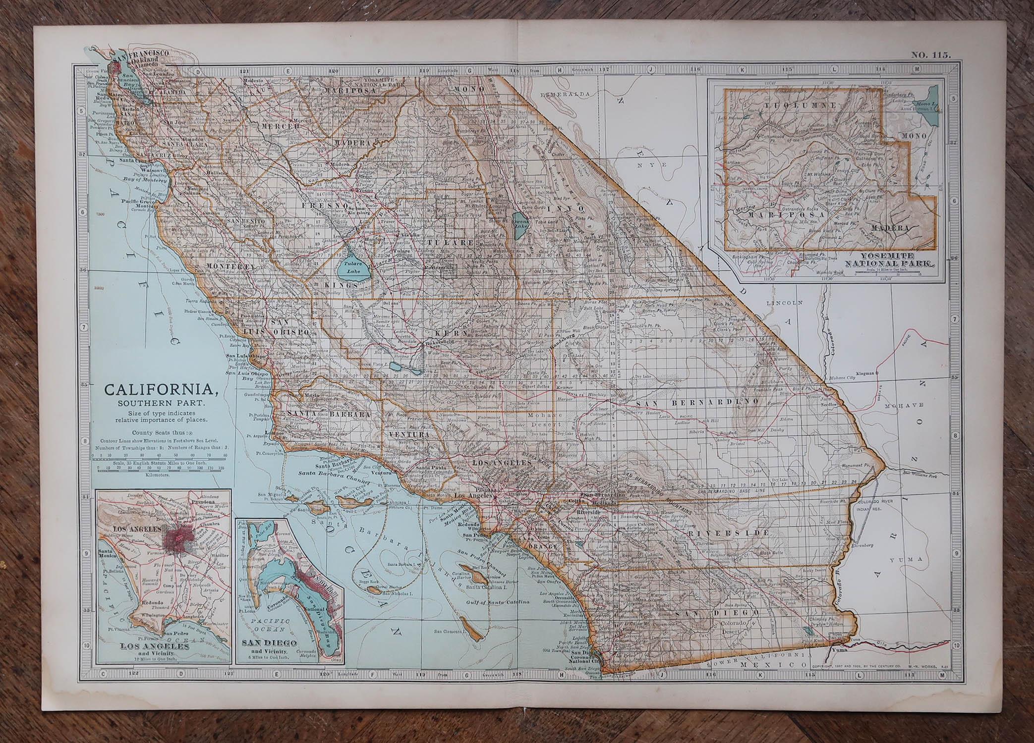 English Original Antique Map of the American State of California ( Southern Part ), 1903 For Sale
