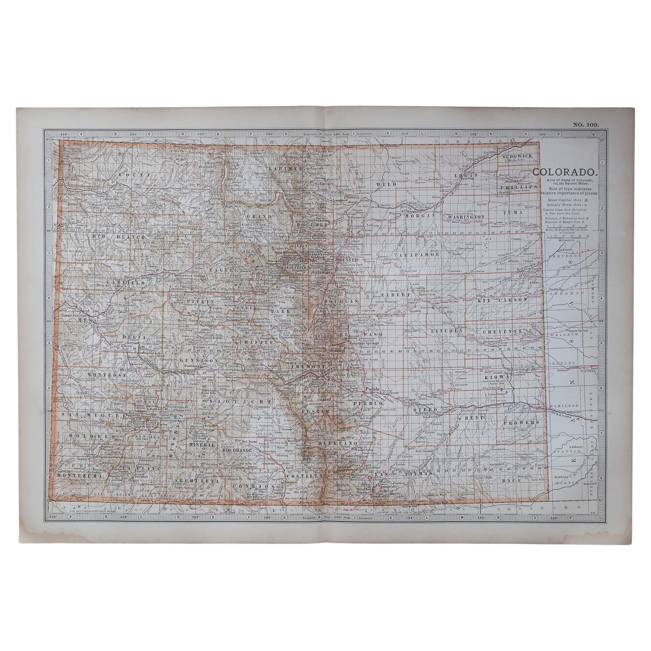 Mapa original antiguo del estado norteamericano de Colorado, 1903