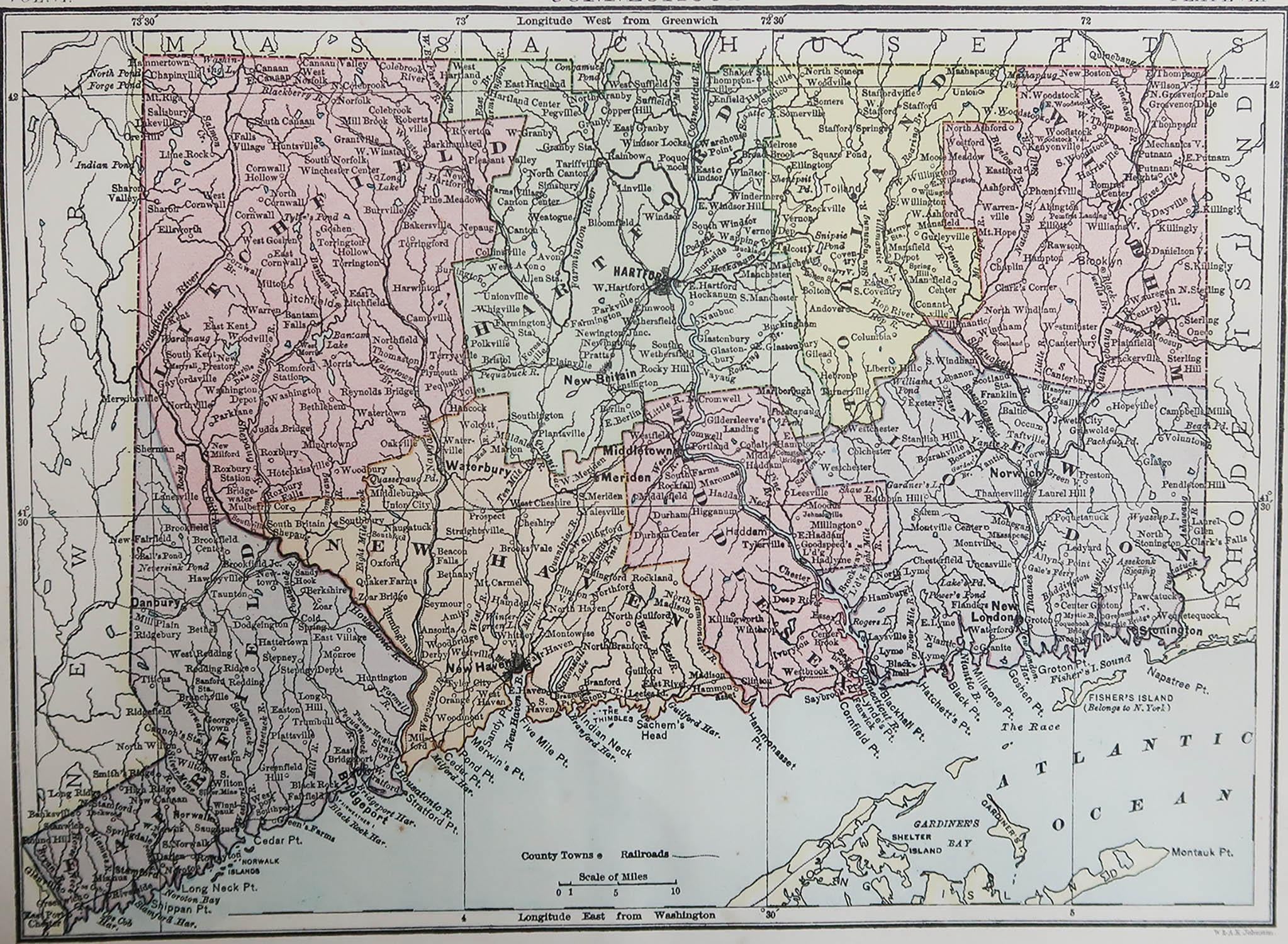Great map of Connecticut

Drawn and Engraved by W. & A.K. Johnston

Published By A & C Black, Edinburgh.

Original colour

Unframed.

Repair to a minor tear on left edge.








