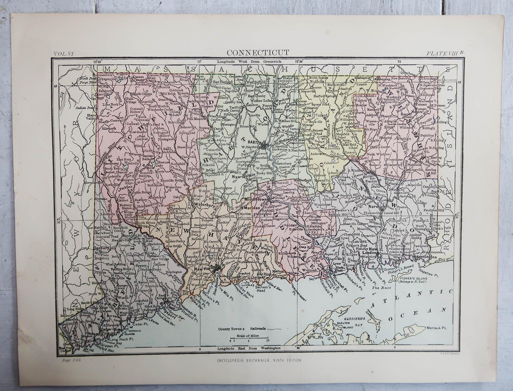 Victorian Original Antique Map of The American State of Connecticut, 1889
