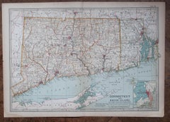 Original Antique Map of the American State of Connecticut & Rhode Island, 1903